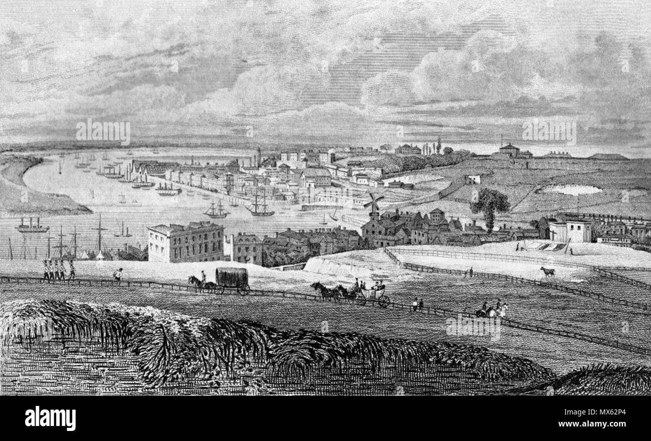 . Gravur der "Chatham Dockyard von Fort Pitt' aus dem irischen Geschichte von Kent, Bd. 4, 1831. Es scheint zwischen den Seiten 348 und 349. Durch G. Sheppard, graviert von R. Roffe gezeichnet. [Diese Auffassung ist nach Norden, Blick auf den Fluss Medway (Chatham) in Richtung der Flussmündung. Chatham Werft liegt am rechten Ufer des Flusses. Rechts von der Schiffswerft, die erhöhten Bereich wird als grosse Linien oder Chatham Linien bekannt. Die bebaute Fläche versenkt zwischen den Zeilen und den Hügel, von dem aus die Sicht genommen wird, besteht aus der Stadt von Chatham auf der rechten Seite, in der Nähe von Rochester nach links. Stockfoto