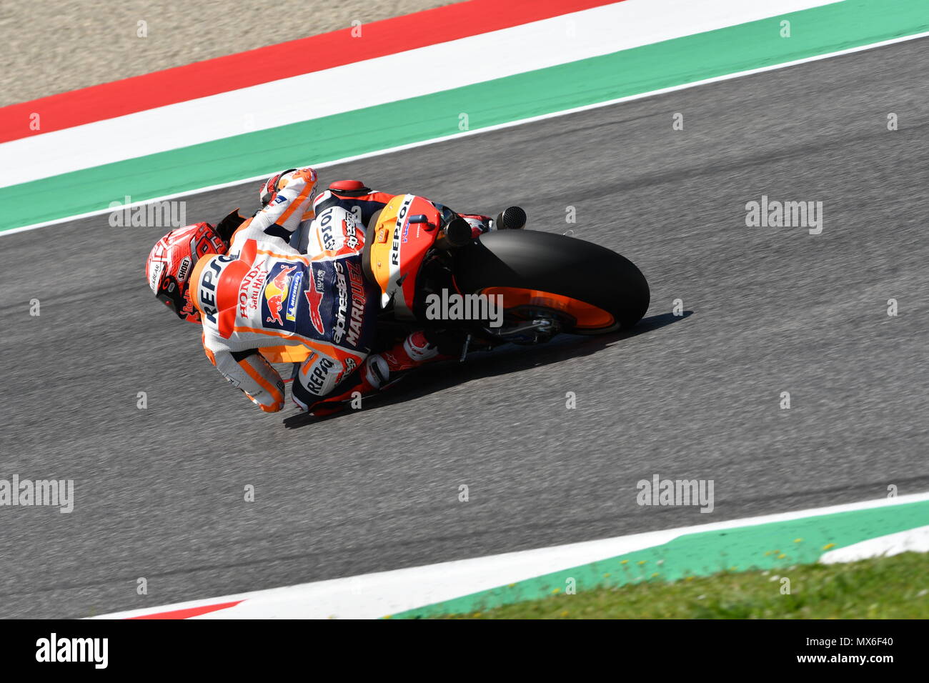 MUGELLO - Italien, Juni: Spanisch Honda Repsol Team Rider Marc Marquez beim Qualifying in 2018 GP von Italien der MotoGP auf Juni 2018. Italien Stockfoto