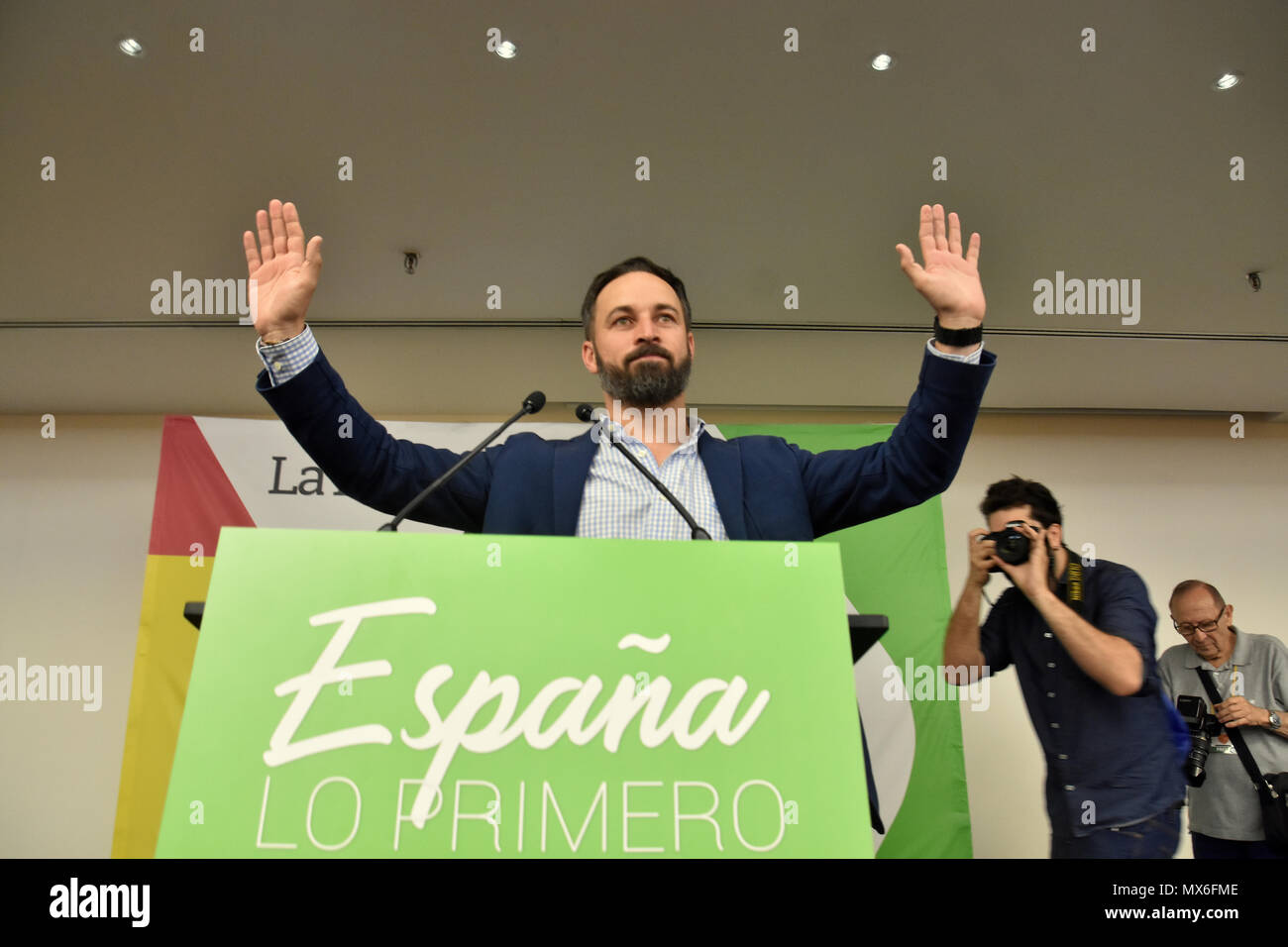 Der nationale Präsident von VOX Santiago Abascal während der politischen Handlungen in Barcelona. VOX Partei gehalten zu einer politischen Veranstaltung in Barcelona mit dem Ziel des Verbots für die Unabhängigkeit der politischen Formationen. Stockfoto