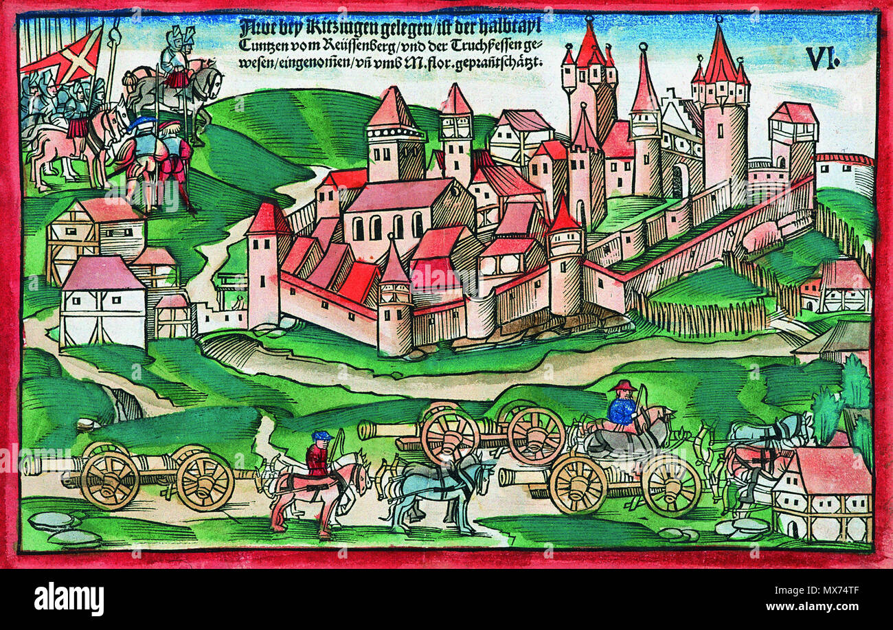 . Bild aus dem Burgenbuch der Staatsbibliothek Bamberg, Staatsbibliothek Bamberg, RB. H. Bell. w.1. Original 1523. original Hans Wandereisen, Autor des Buches unbekannt 105 Burgen Aub Stockfoto