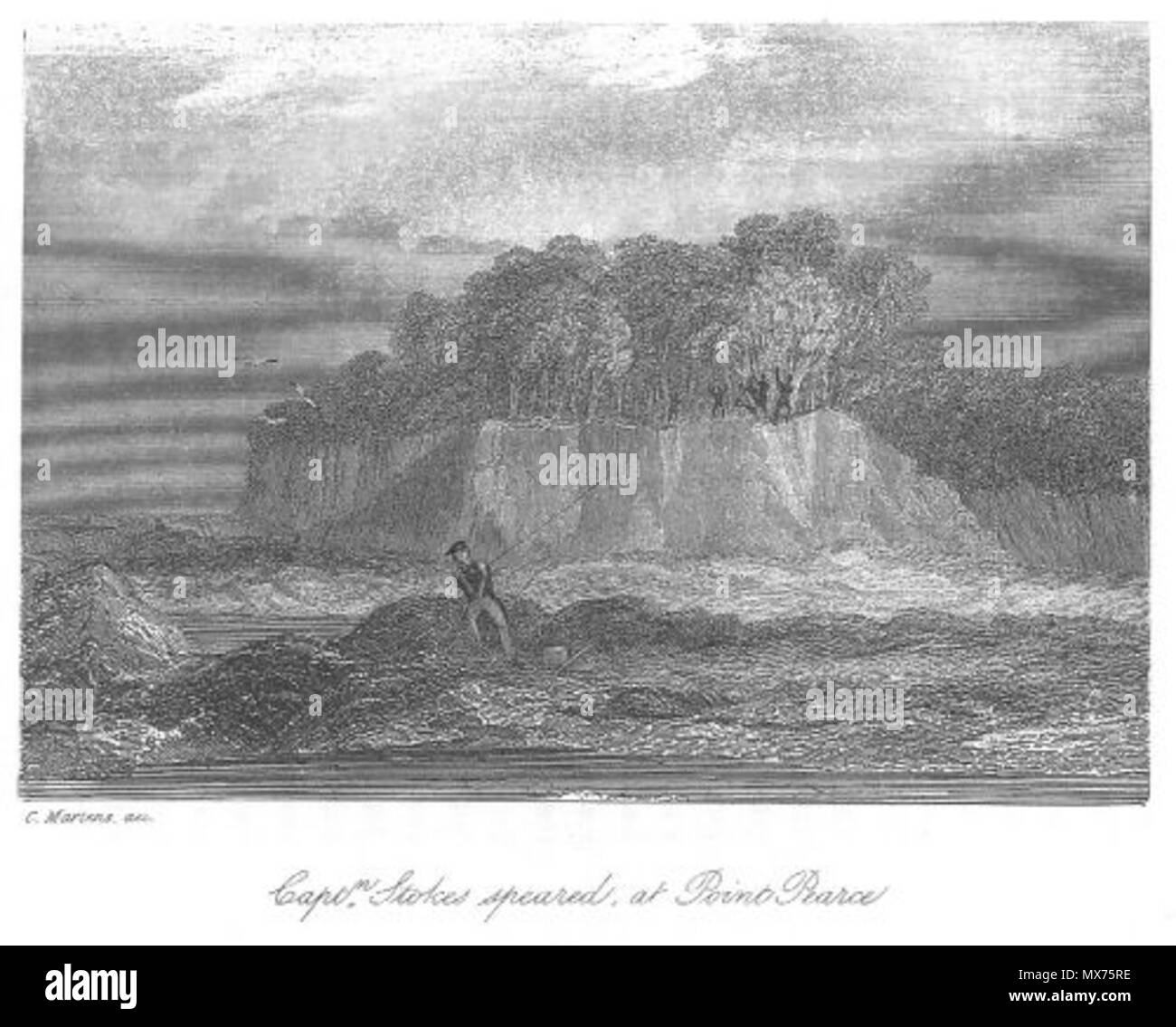 . Das ist ein Bild mit dem Titel "Captain Stokes aufgespießt am Point Pearce" aus Band 2, von John Lort Stokes 1846 Buch Entdeckungen in Australien. 1846. C. Martens 112 Kapitän Stokes aufgespießt am Point Pearce (Entdeckungen in Australien) Stockfoto