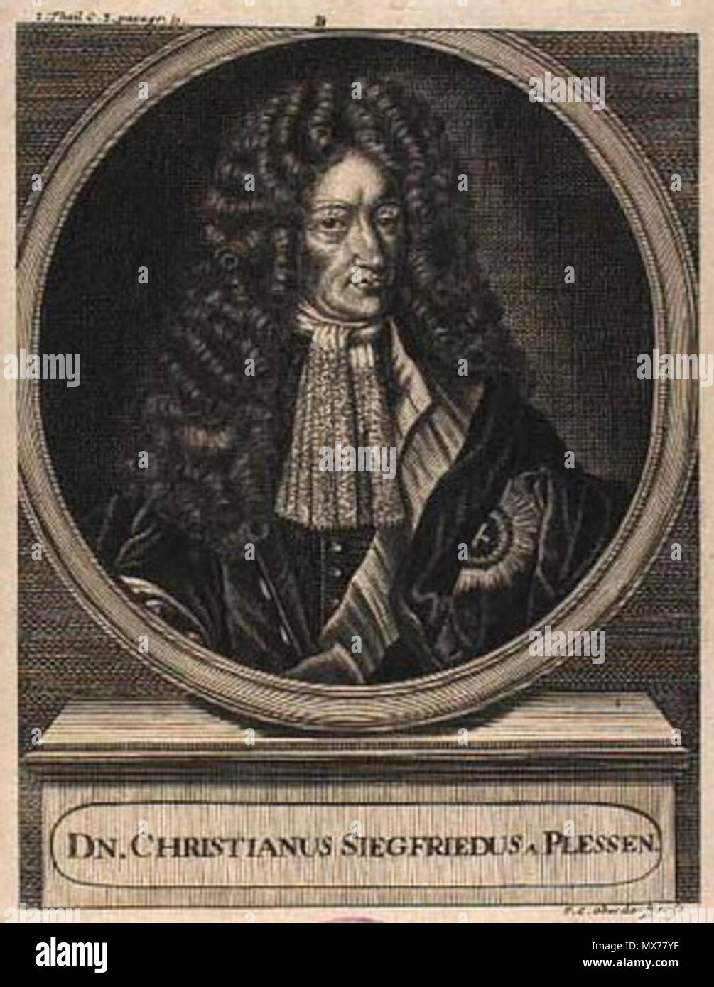 . Englisch: Portrait Gravur Der in Deutschland geborene Dänische Beamte und Adliger, Minister der Finanzen Christian Siegfried von Plessen (1646-1723). Datum unbekannt. I.C. Oberdorffer 129 Christian Siegfried von Plessen 1646-1723 Stockfoto