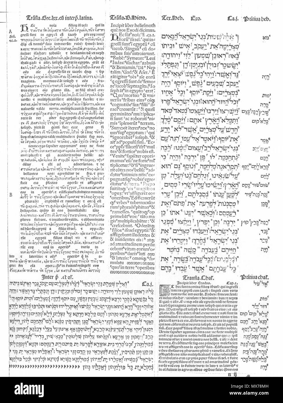 . Español: Contenido y estructura interna de La primera página del'Éxodo' de la Biblia Políglota Complutense (1502-1517). Englisch: Die interne Struktur von Kardinal Cisneros' Complutensian Polyglot Bible, 16. Dieses Bild zeigt die erste Seite des Buches Exodus. Italiano: La struttuta interna della 6 Set del Kardinal Cisneros, XVI secolo. 17 Mai 2007, 20:24. Durch MaiDireLollo 132 Cisneros' Original complutensian polyglot Bibel-2 hochgeladen Stockfoto . Español: Contenido y estructura interna de La primera página del'Éxodo' de la Biblia Políglota Complutense (1502-1517). Englisch: Die interne Struktur von Kardinal Cisneros' Complutensian Polyglot Bible, 16. Dieses Bild zeigt die erste Seite des Buches Exodus. Italiano: La struttuta interna della 6 Set del Kardinal Cisneros, XVI secolo. 17 Mai 2007, 20:24. Durch MaiDireLollo 132 Cisneros' Original complutensian polyglot Bibel-2 hochgeladen Stockfoto