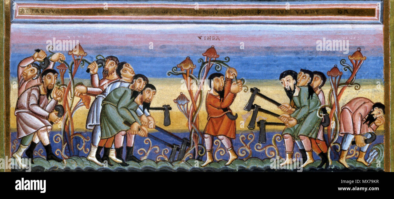 . Englisch en Gleichnis von den Arbeitern im Weinberg, de Codex Aureus Epternacensis, fol. 76