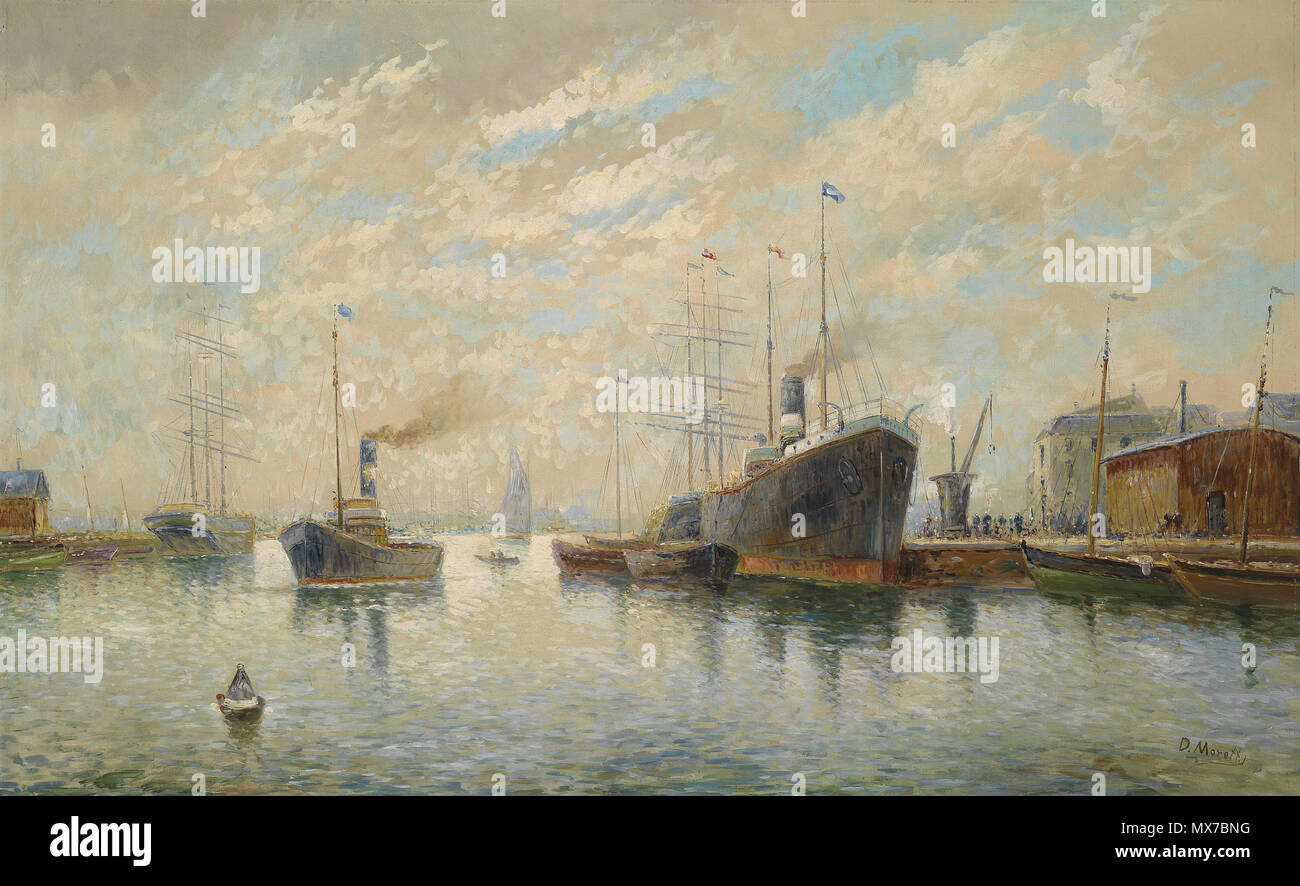 . English: Im Hafen von Genua, signiert D. Moretti, Öl auf Leinwand, 84 x 130 cm. Wende des 19. und 20. Jahrhunderts. "D. Moretti" 151 D Moretti Hafen von Genua um 1900 Stockfoto