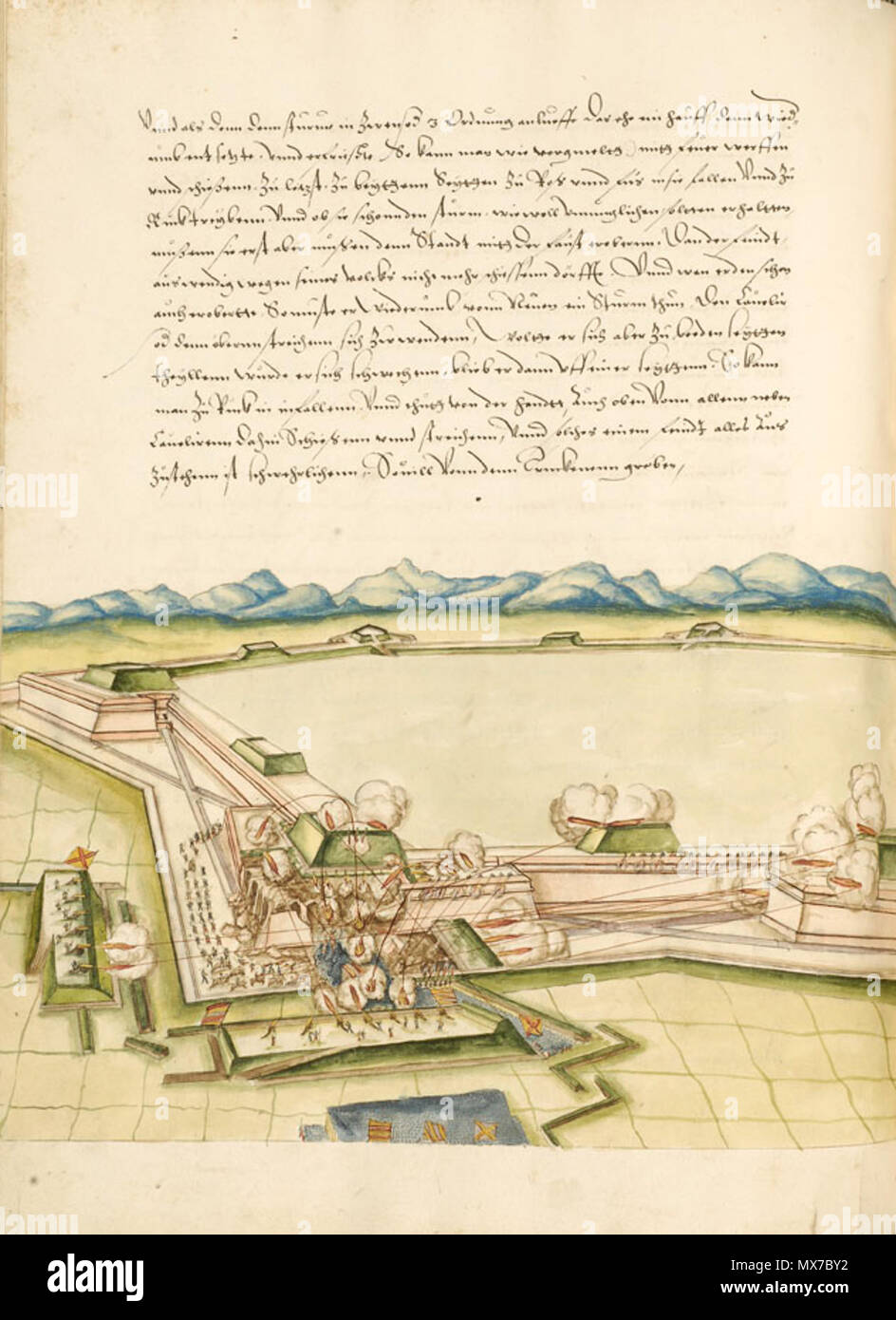 . Français: Daniel Specklin, Architectura von Festungen, Plume, encre, Aquarelle, 1583. 15 Januar 2007, 11:23:16. Mathieu Bertola/Vtt de la Ville de Strasbourg 152 Daniel Specklin, Architectura von Festungen s. 72 Stockfoto