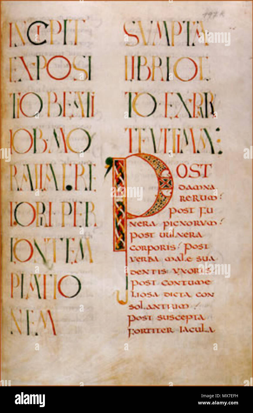 . Gregorius Magnus, Moralia in Job Manuskript in der Badische Landesbibliothek, Karlsruhe, Deutschland Cod. 12.08.IV, fol. 197 r. Original Größe 44 x 30 cm. Diese Datei fehlt, Informationen zum Autor. 135 Cod. 12.08.IV, fol. 197 r. Stockfoto