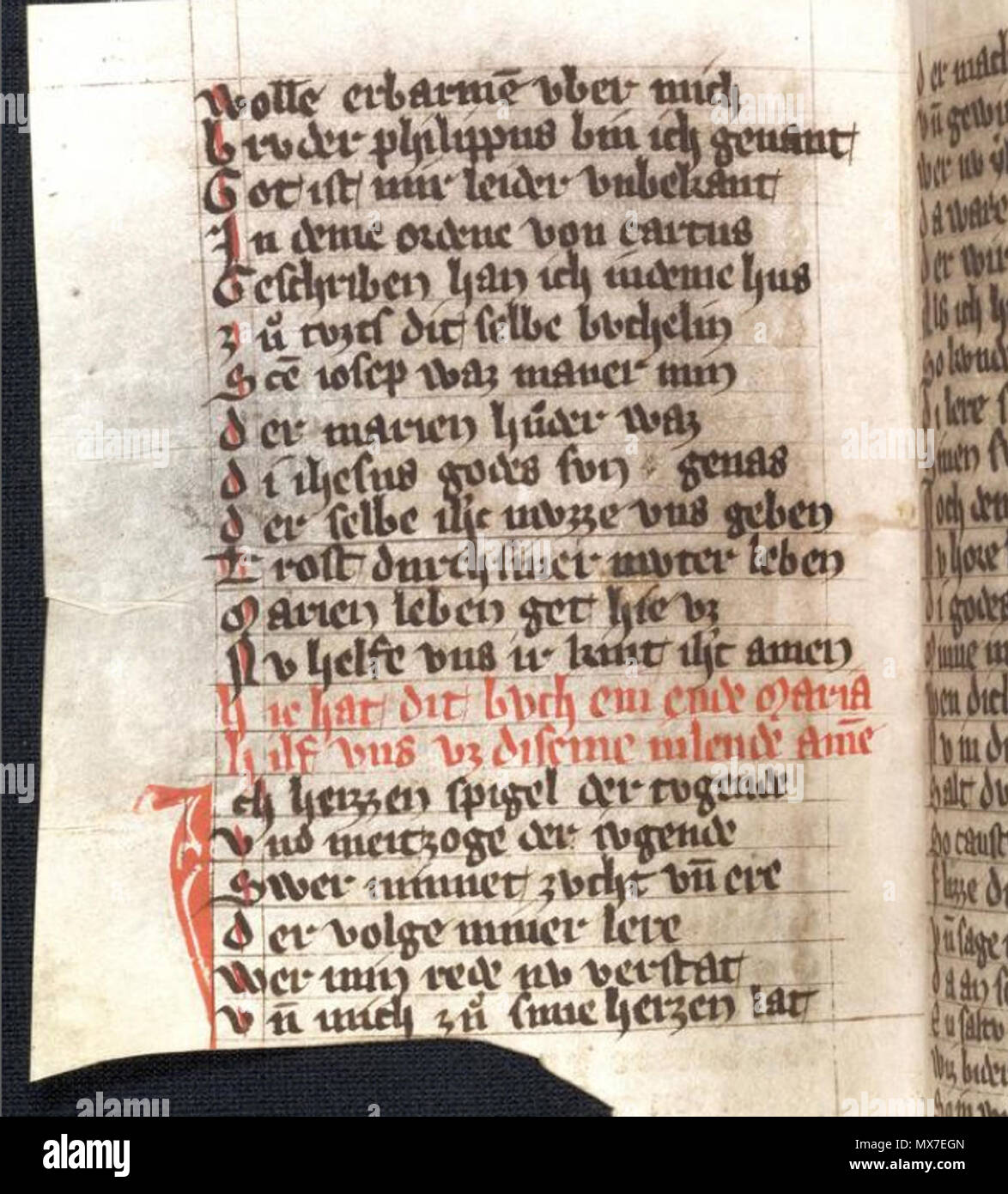 . Deutsch: Das Bild zeigt die letzte Seite von "Das Leben der Jungfrau Maria' von Philipp von Seitz in der Cod. Pal. germ. 394, UB Heidelberg. 2009. Ursprünglich Bruder Philipp von Seitz um 1300 135 Cod. Pal. germ. 394 295 v Stockfoto