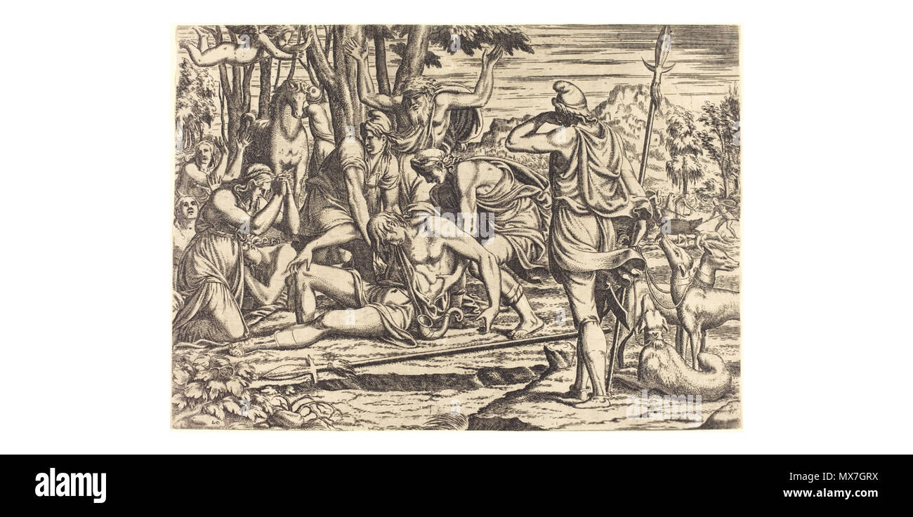 . Englisch: Nationalgalerie, DC, Léon Davent nach Luca Penni, der Tod des Adonis, Ätzen, National Gallery, Washington. 1540s. Léon Davent - Französische Grafiker in der Mitte des 16. Jahrhunderts 154 Davent 1. Stockfoto