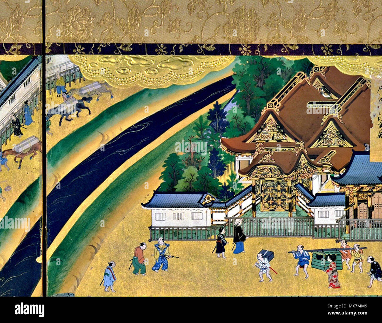 . Nach oben Der zweite Panel, das den linken Bildschirm (West enciente und Fukiage Edo Schloss, Schloss Residenzen der drei Tokugawa Familien, Sänfte Träger (vor Owari Dainagon Residence)). 'Ansicht von Edo' (Edo zu) Paar sechs Panel Paravents (17. Jahrhundert). 17. Jahrhundert. Unbekannt 178 Edo. l 211 Stockfoto
