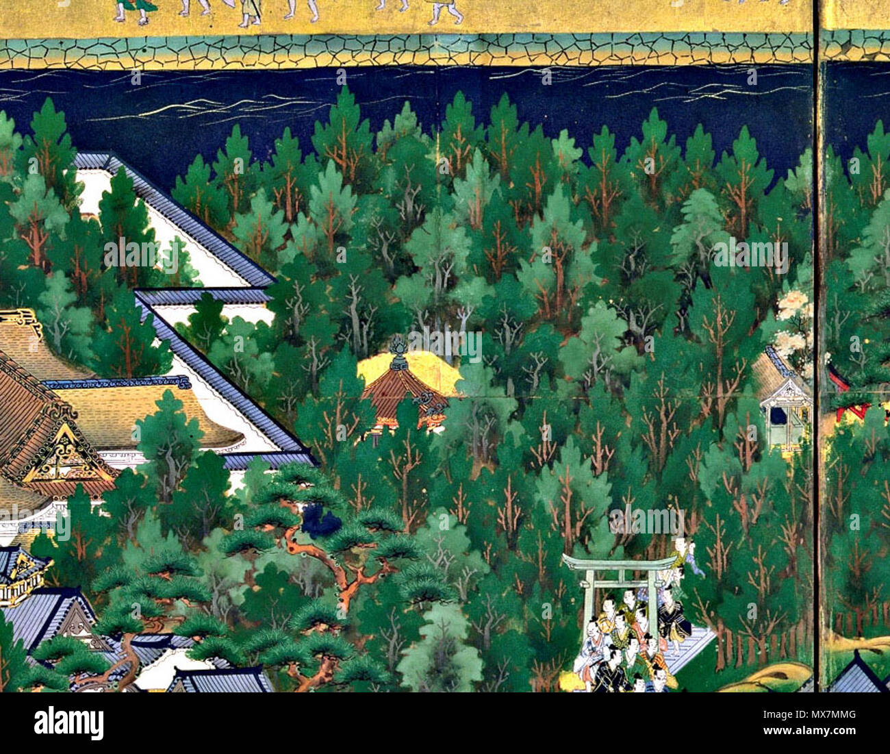 . Nach oben Der zweite Panel, das den linken Bildschirm (West enciente und Fukiage Edo Schloss, Schloss Residenzen der drei Tokugawa Familien, Sänfte Träger (vor Owari Dainagon Residence)). 'Ansicht von Edo' (Edo zu) Paar sechs Panel Paravents (17. Jahrhundert). 17. Jahrhundert. Unbekannt 178 Edo. l 216 Stockfoto