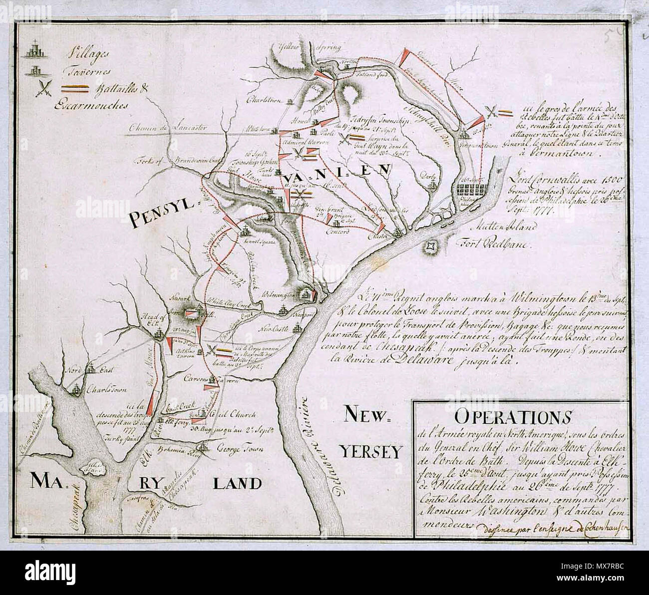 . Englisch: 18. Jahrhundert hessische Karte aus der Marburg State Library in Deutschland der Philadelphia Kampagne (Schlacht von Brandywine, Forts Mercer und Redbank, Germantown, etc.), über die Website der West Jersey History Project Http://westjerseyhistory.org/maps/revwarmaps/hessianmaps/index6.shtml Text in Französisch, begleitenden Karten entweder 1777 oder 1787 schnelle Übersetzung "Operationen der königlichen Armee in Nordamerika vom unter den Befehlen von Sir William Howe, Ritter des Ordens der Badewanne. Von der Abfahrt bei Elk Fähre 25 August bis Inbesitznahme von Philadelphia, 26. September 1777 gegen die Uhr Stockfoto