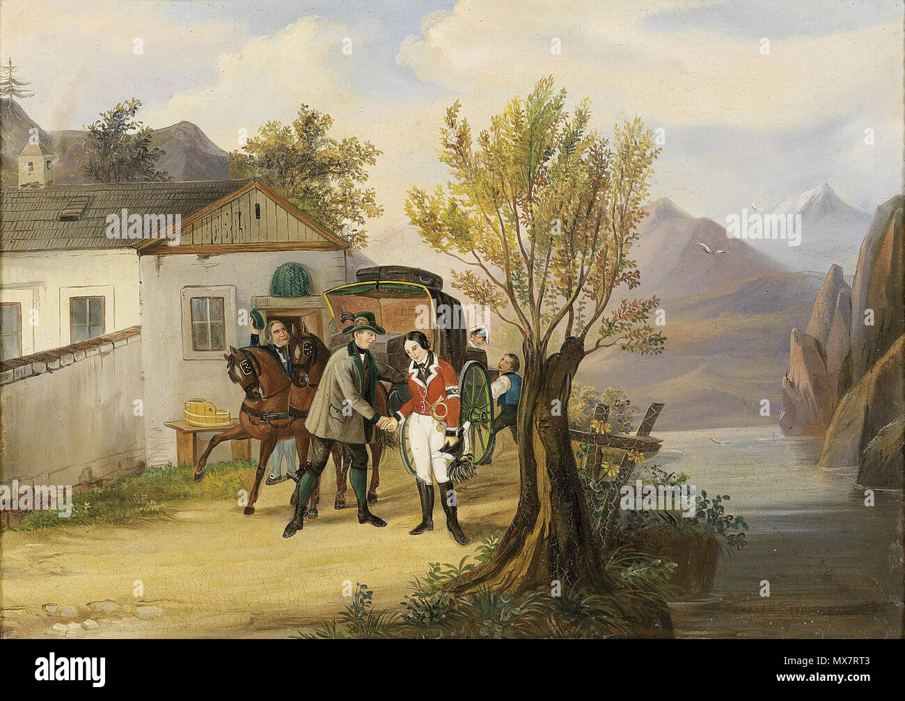 . Erzherzog Johann und Anna Plochl vor dem Postmeistershaus am Grundlsee, Illustr. Von einer Bilderuhr, 19. Jahrhundert, Bildausschnitt 40 x 56 cm. 19. Anonym 195 Erzherzog Johann und Anna Plochl (Bilderuhr) 19 Jh Stockfoto