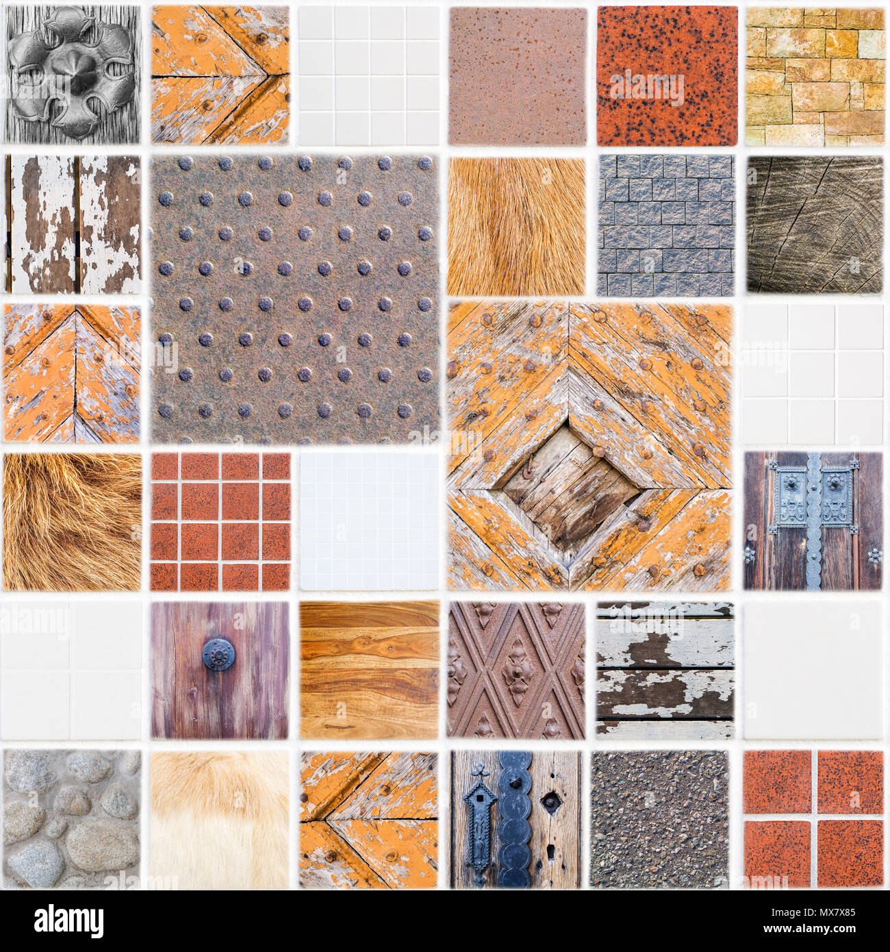 Ganz besondere weiße keramische Fliese mit 36 Plätzen in quadratischer Form aus sehr unterschiedliche Themen, Farben und Materialien Stockfoto