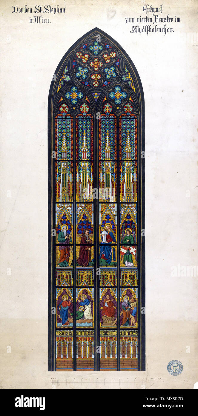 . Entwurf zum vierten Fenster im Apostelchor des Doms St. Stephan, Wien (1864), Gouache und schwarze Feder über Bleistift auf Karton, 100 x 52,5 cm (hl. Andreas, Madonna mit Art, Engel mit Wappen von Österreich und Wien); Fenster 1945 zerstört. 1864. Friedrich von Schmidt (1825-1891) 229 Friedrich von Schmidt Stephansdom Entwurf zum vierten Fenster im Apostelchor Stockfoto