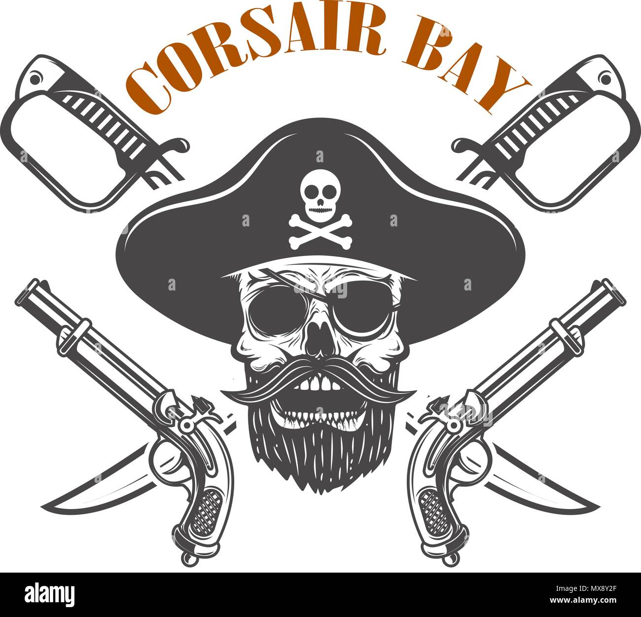 Corsair Bay. Emblem mit pirate Skull und Waffe. Design Element für Logo, Label, sign. Vektorbild Stock Vektor