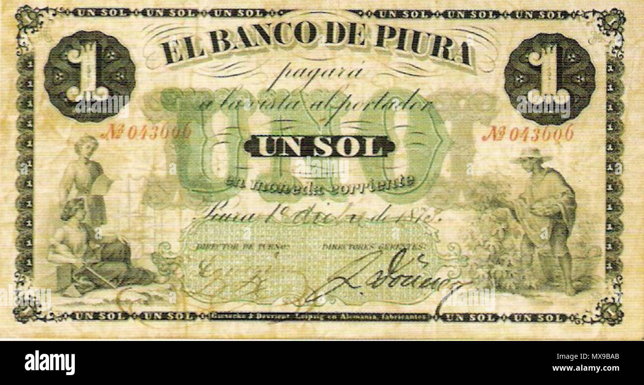 . Banknote der Banco de Piura in Peru. Diese Bank ausgegebenen Banknoten für 1, 5, 10 und 20 Sohlen. Banco de Piura beschlossen Ende sein seit den sich wandelnden und countermarking Gesetzgebung von Rechnungen von 1877 ausgestellt. 1873. Banco de Piura. Ich habe diese Rechnung 3 1 sol Piura Stockfoto