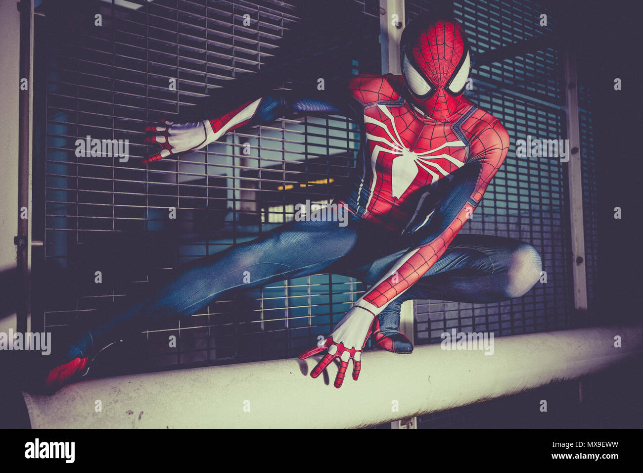 Spiderman Cosplayer in seinem spiderman Anzug. Stockfoto