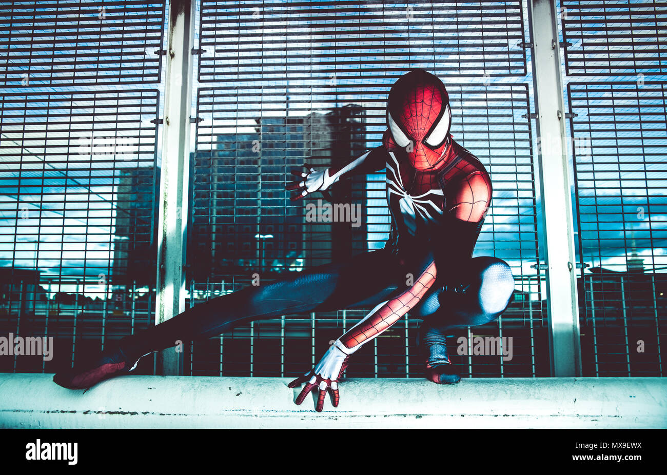 Spiderman Cosplayer in seinem spiderman Anzug. Stockfoto