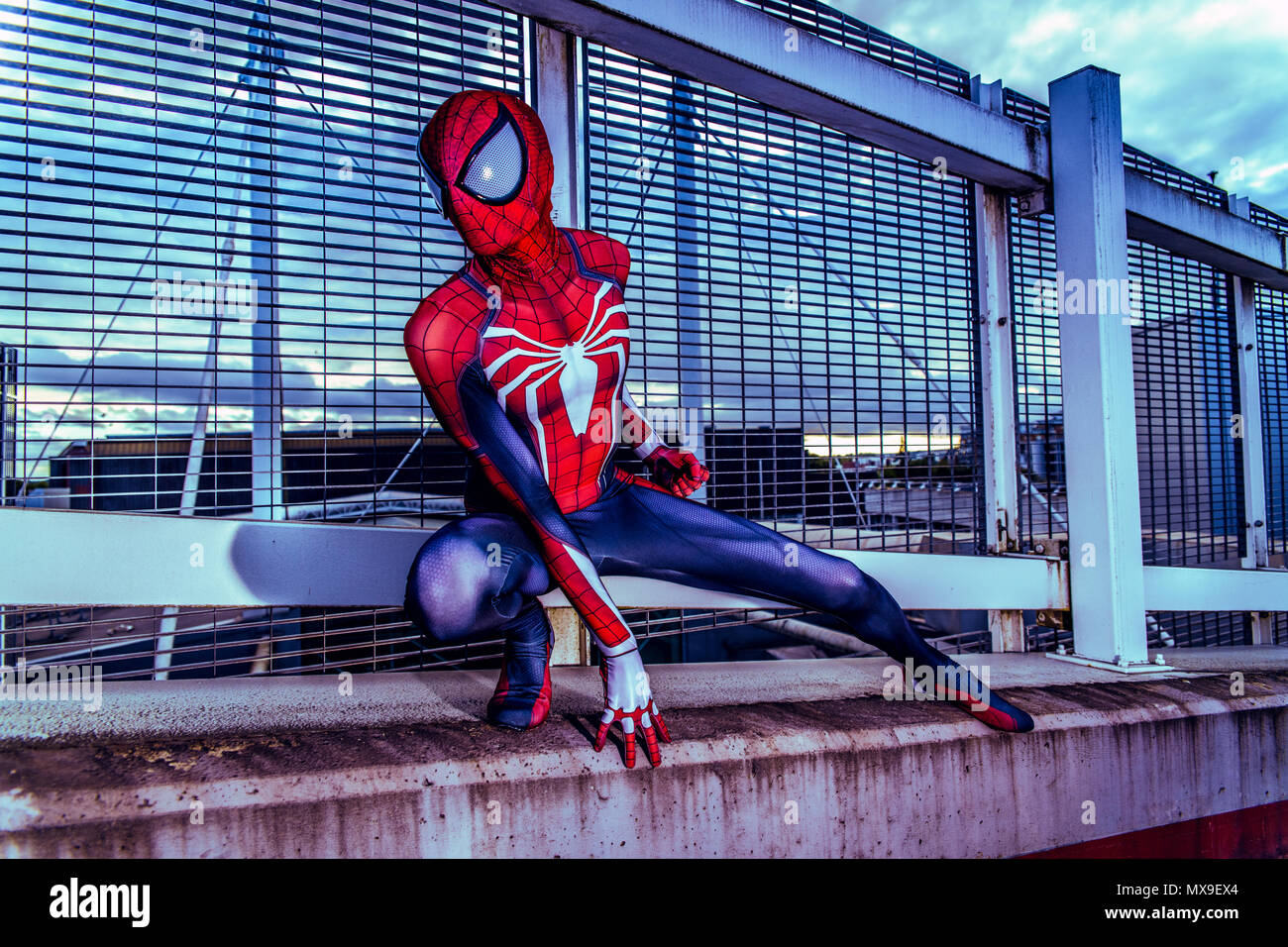 Spiderman Cosplayer in seinem spiderman Anzug. Stockfoto