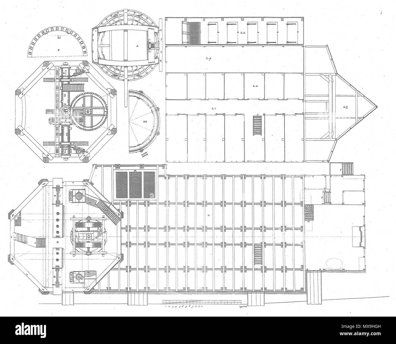 . Nederlands: Groot Deel 3 volkomen moolenboek plaat 1: plattegrond van een oliemolen. 7. August 2014, 13:17:15. Pieter Linperch 261 Gvm 3 p09 Stockfoto