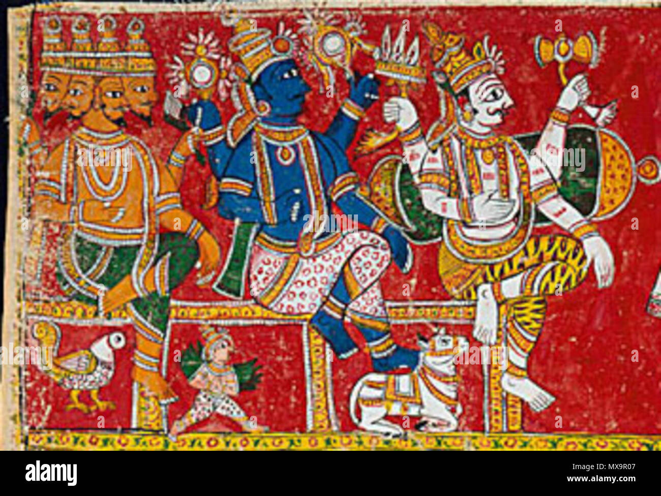 Englisch: Shiva, Vishnu und Brahma, (von rechts) Aus der Geschichte der  Weisen Markandeya und Bhavana, ca. 1850-1900 Malerei, Aquarell, opak  Aquarell auf Tuch, 22 x 34 cm. (55,88 x 87.63 cm)
