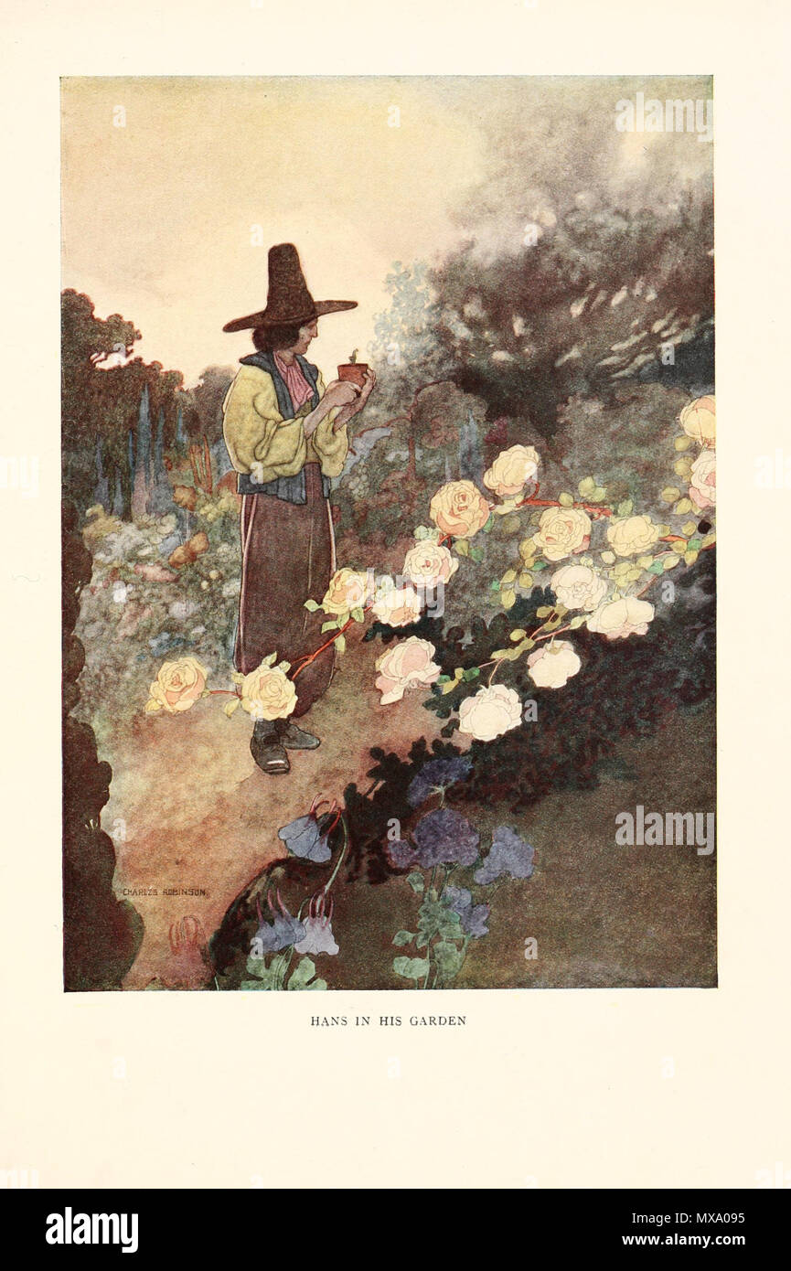 . Deutsch: Hans in seinem Garten. Illustration zu Oscar Wildes Der glückliche Prinz und andere Märchen, von Charles Robinson. 1913. Charles Robinson 266 Hans in seinem Garten Stockfoto