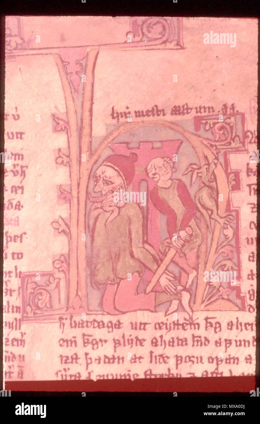 . Englisch: König Harald Fairhair Releases sein Pflegevater, der Riese Dofri. Miniatur aus Flateyjarbok. Svenska: Kung Harald hårfagre fosterfader befriar Sünde, jätten Dofri. Ur miniatyr Flatöboken. zwischen 1387 und 1394. Jon prestr Þórðar Sohn & Magnús prestr Thorhallz Sonne. 267 Harald Fairhair und riesigen Dofri Stockfoto