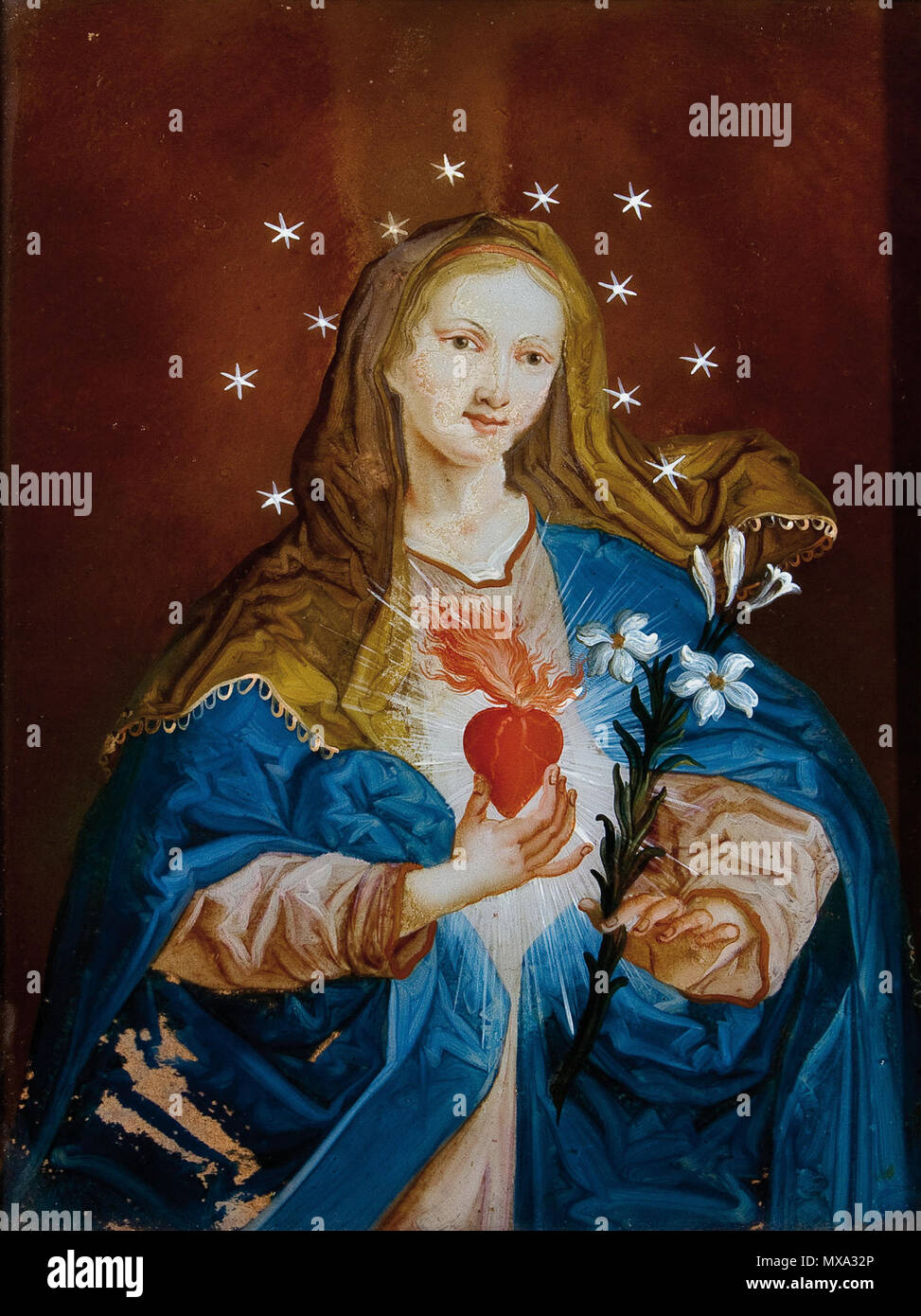 . Maria mit flammendem Herz; Hinterglasbild, 29 x 23 cm; Augsburg oder Murnau, 2. Lehrwerk 18. Jahrhundert. 18. Anonym 279 Hinterglasbild Herz Mariens 18 Jh Stockfoto . Maria mit flammendem Herz; Hinterglasbild, 29 x 23 cm; Augsburg oder Murnau, 2. Lehrwerk 18. Jahrhundert. 18. Anonym 279 Hinterglasbild Herz Mariens 18 Jh Stockfoto