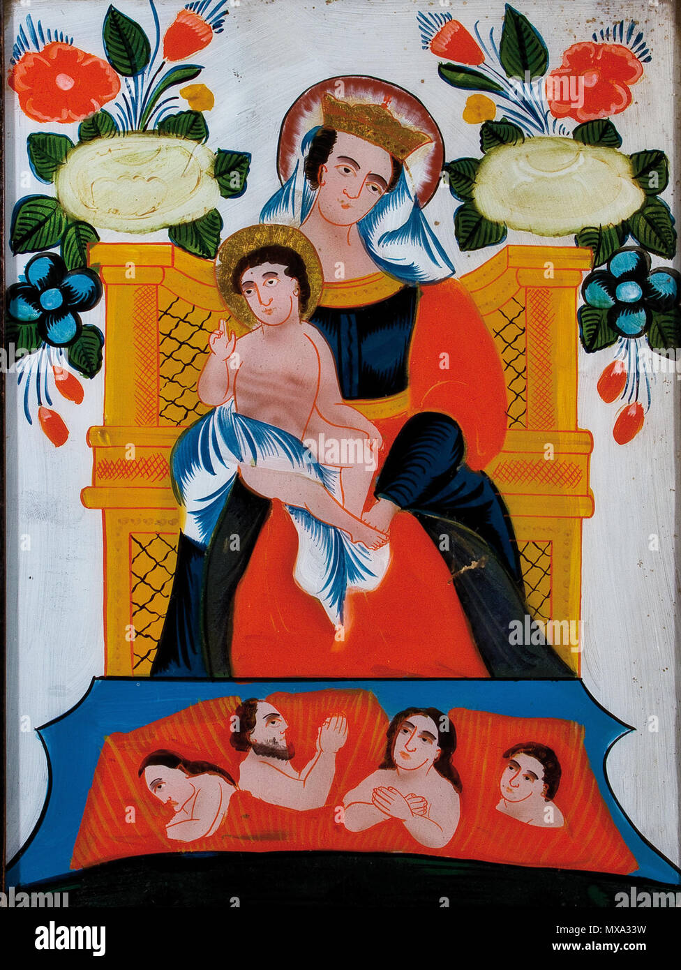 . English: Muttergottes mit dem Art und Arme Seelen; Hinterglasbild; 45,5 x 35 cm; Sandl, 19. Jahrhundert. 19. Anonym 280 Hinterglasbild Muttergottes mit dem Art und Arme Seelen Sandl 19 Jh Stockfoto