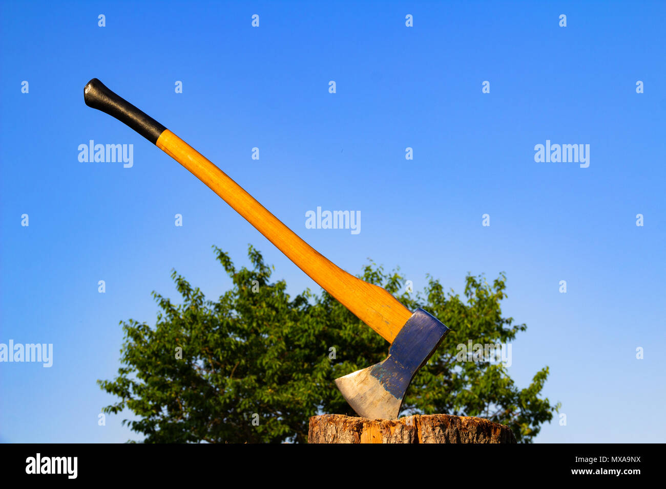 Ax gehaftet in einem Stamm. Blau ax hautnah. Holz arbeiten Konzept. Blau Ax Stockfoto