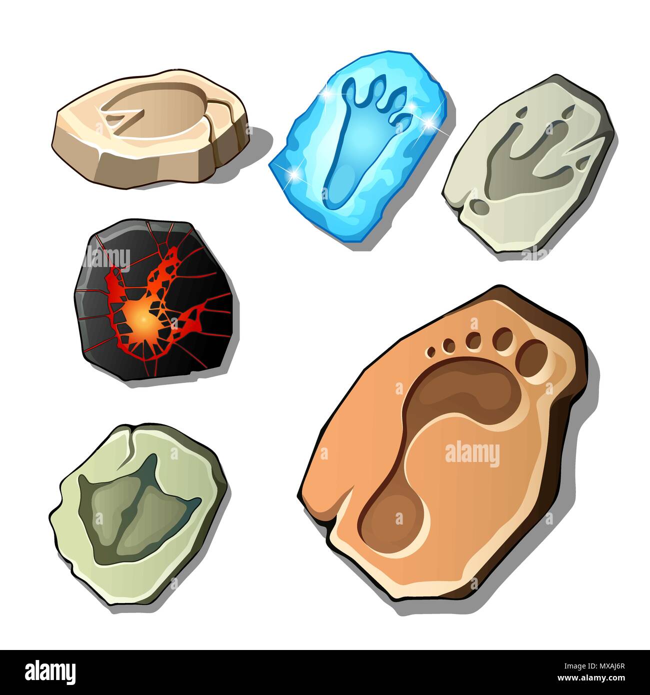 Einen Satz Abdrücke fossiler Tiere und Menschen auf weißem Hintergrund. Vektor cartoon Close-up Abbildung. Stock Vektor Einen Satz Abdrücke fossiler Tiere und Menschen auf weißem Hintergrund. Vektor cartoon Close-up Abbildung. Stock Vektor