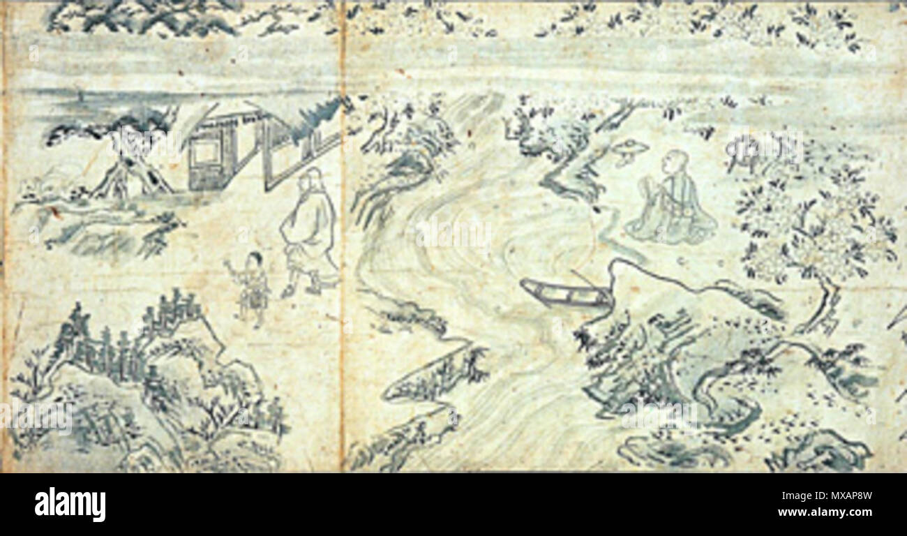 . Englisch: Habukyo Saigyo Monogatari Emaki". Habukyo-e bedeutet 'Monochrome Malerei". Dies ist eine Szene von Reisen. Muromachi Periode (vor 1496). Unbekannt 264 Habukyo Saigyo Monogatari Emaki" - Reise Stockfoto