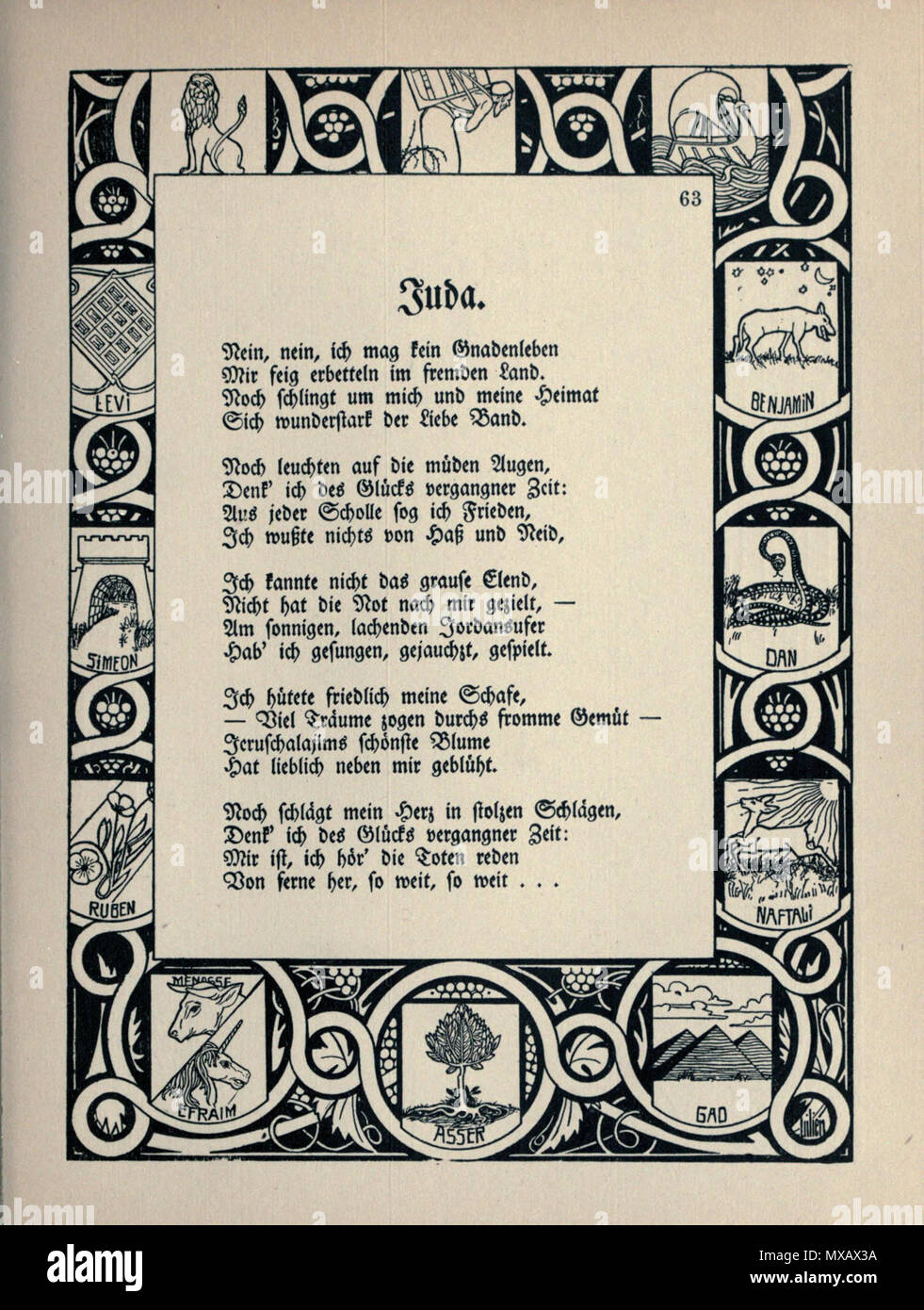 . Englisch: Wappen der zwölf Stämme Israels framing ein Gedicht von Morris Rosenfeld. 1903. Moshe Lilien 329 Ephraim Juda Dicht Stockfoto