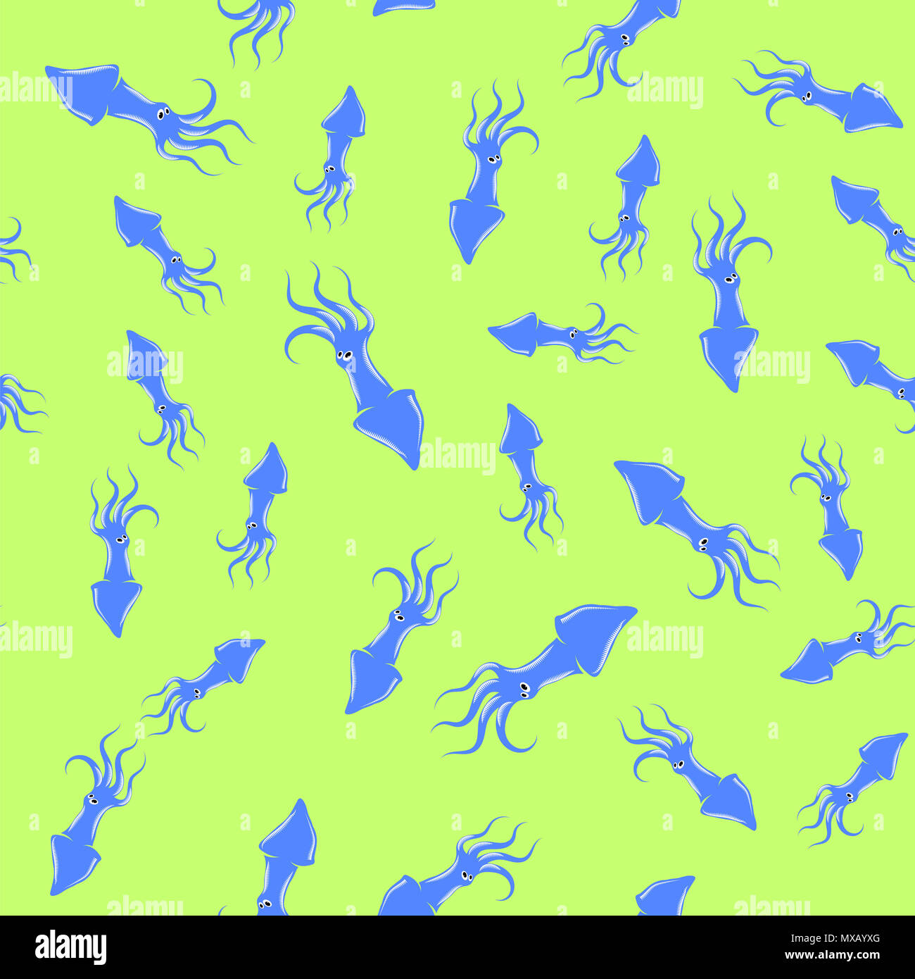 Europäische Squid Silhouette nahtlose Muster auf gelben Hintergrund. Cute Meeresfrüchte. Tier unter Wasser. Sea Monster Stockfoto