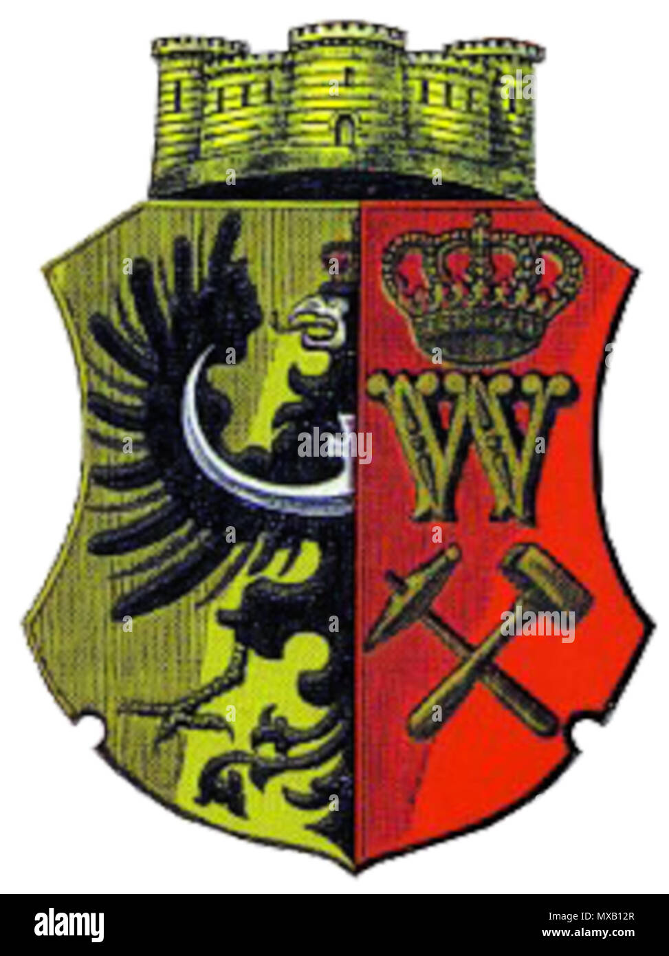 . English: Wappen von Königshütte (heute Chorzów) von 1868 bis 1922. Englisch: Wappen der Königshütte (heute Chorzów) von 1868 bis 1922. Polski: Herb miasta Chorzów (Königshütte) od 1868 do 1922 r. . Diese Datei fehlt, Informationen zum Autor. 344 Koenigshuette Wappen Stockfoto