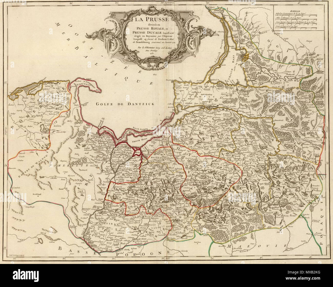 . Preußen im Jahre 1751, als Königliche Preußen und dem Königreich Preußen (ehemals herzoglichen Preußens) - "La Prusse divisee en Prusse Royale, et Prusse Ducale laquelle a ete erigee en Royaume par l'Empereur Leopold en zugunsten de Frederic I. Elec? De Brandenburg couronee en Janvier 1701. Par le Sr. Robert Geog. ord. Du Roy. Avec Privilege. 1751. Guill? Delahaye, sculpsit.". Robert de Vaugondy 355 La Prusse 1751 - Robert de Vaugondy Stockfoto