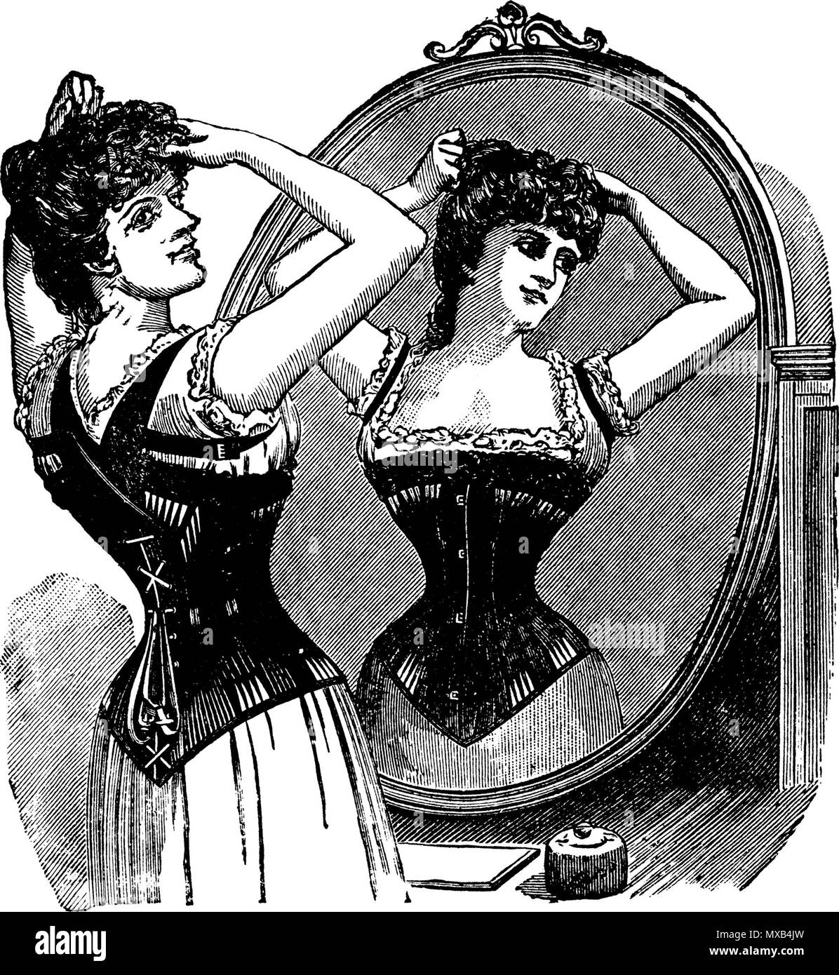 . Englisch: eine invicorator Korsett für Frau. Englisch: == ÄRZTE'S EMPFEHLEN REAST PATENT == Invigorator Korsetts. Für Damen, Mädchen, Jungen, Mädchen, und Kinder. Dr. M.O. B. NEVILLE, L.R.C.P., Edin. Medizinischer Offizier der Gesundheit, sagt, November 1st, 1890: - - "Von einem wissenschaftlichen Standpunkt aus, ich bin der Meinung, dass Ihr Korsett ist die Einzige, die Unterstützung ohne übermäßig komprimiert wichtige Organe gibt. Seine Elastizität, in einem großen Maß, verhindert dies. Ich bin durch die Unterstützung von Rücken und Schultern zufrieden sind, dass es sich um eine materielle Hilfe zur Erweiterung der Brust.' 'Mrs. WELDON'S FASHION JOURNAL", sagt Juli '90: - - Stockfoto