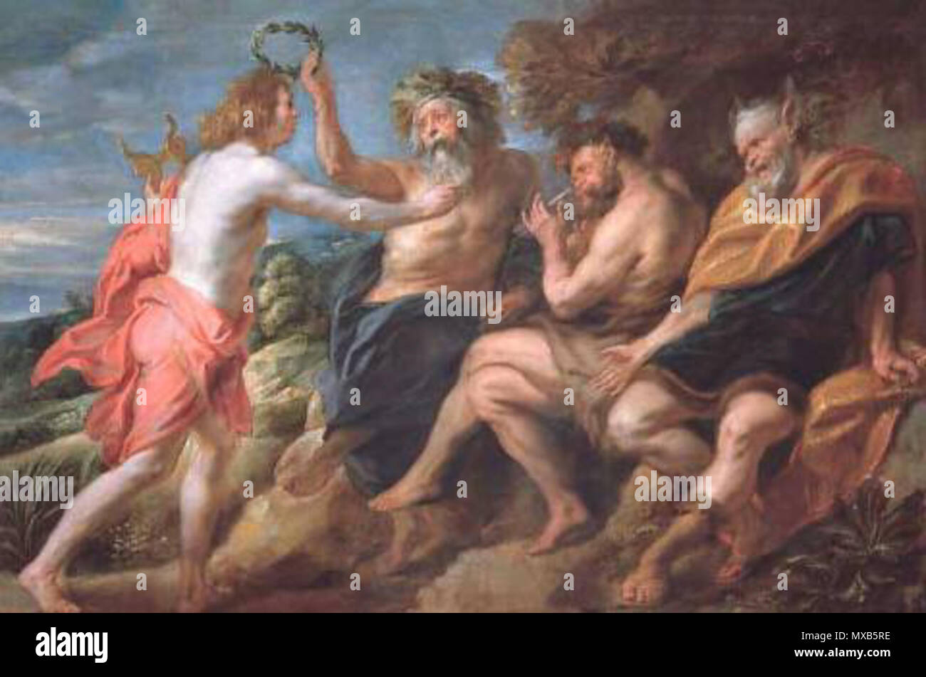 . Englisch: Tmolus erklären Apollo Sieger in der musikalischen Wettbewerb mit Pan (Ovid, Metamorphosen XI) English: Tmolus krönt Apollo zum Sieger im Musikwettstreit mit Pan; dsub Pfannen Parteigänger König Midas (Ovid, Metamorphosen XI). Vor 1678 305 Jacob Jordaens Wettbewerb zwischen Apollo und Pan Stockfoto