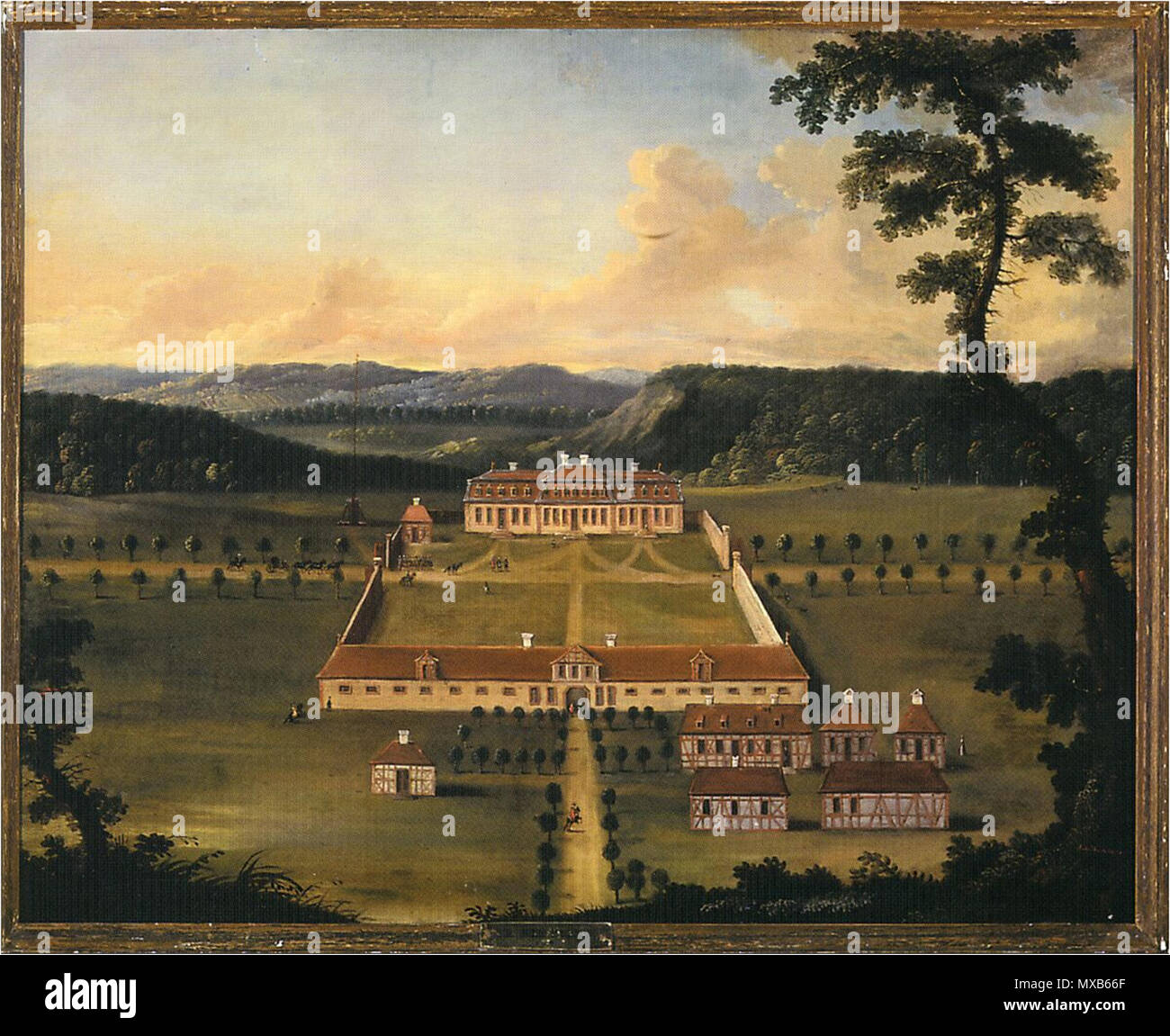 . English: Ansicht des ehemaligen Jagdschlosses Zwiefalten. Ölgemälde auf Leinwand. Museum Schloss Kranichstein. zwischen 1723 und 1759. Johann Georg Stockmar; Uploader: Commander - PIRX; (Siehe auch: Gisela Siebert, jagdhäuser der Landgrafen von Hessen-Darmstadt in Bildern des 18. und 19. Jahrhunderts, Darmstadt 2000, S. 37) 306 Jagdschloss Zwiefalten J G Sockmar vor 1859 Stockfoto