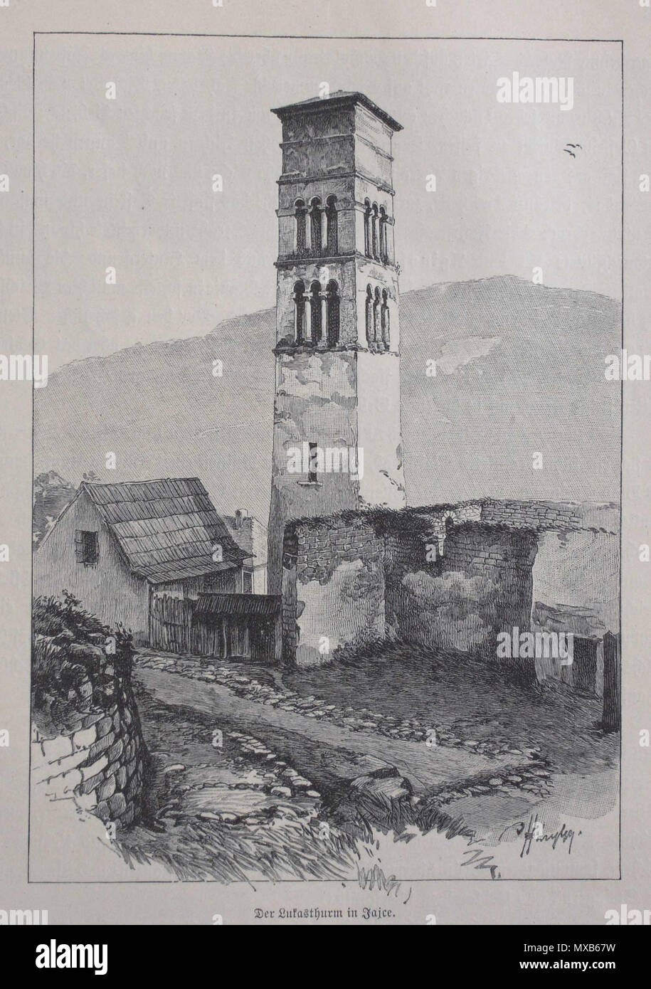 . Englisch: St. Lucas Turm in Jajce, Bosnien und Herzegowina ca. 1900. English: Lukasturm in Jajce, Bosnien und Herzegowina um 1900. 1900. Johann Tišov (Bild), Lysippos (Foto) 307 Jajce Lucas Turm 1900 Stockfoto