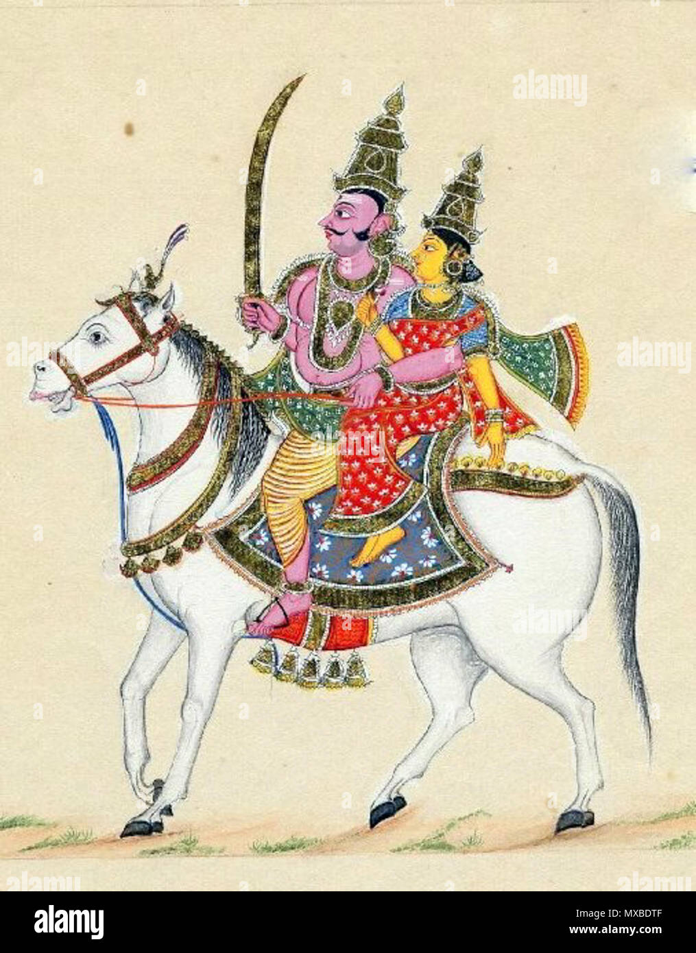 . Deutsch: "Darstellung von Khandoba: Malerei einer Gottheit - vielleicht Khandoba - mit seiner Gemahlin. Es ist in der Firma Stil gemalt. Die beiden Figuren dargestellt werden gekrönt und Reiten auf einem caprisoned weißes Pferd. Die männliche Gottheit trägt ein Schwert in seiner rechten Hand. Ein Element der Perspektive ist durch die leicht skizziert - in den Vordergrund vorgeschlagen. Auf festgelegten Europäischen Papier mit Wasserzeichen versehen mit 'W Thomas '.'. ca. 1820. Unbekannt 340 Khandoba British Museum Stockfoto