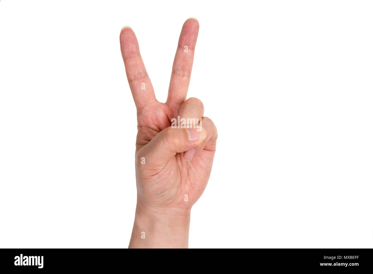 Hand mit zwei Fingern nach oben in der Ruhe oder Sieg Symbol. Stockfoto