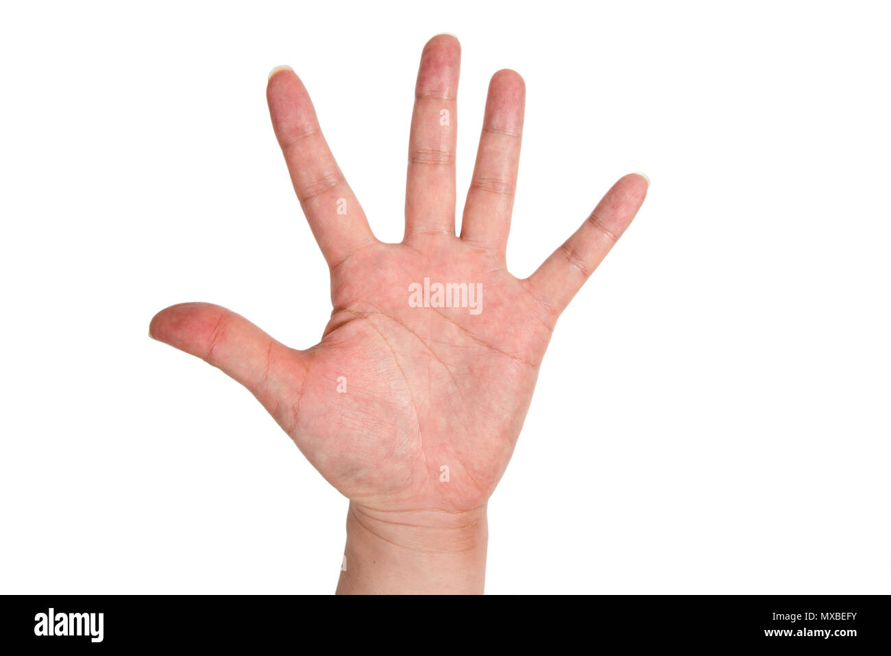 Männliche Hand isoliert auf weißem Hintergrund Stockfoto