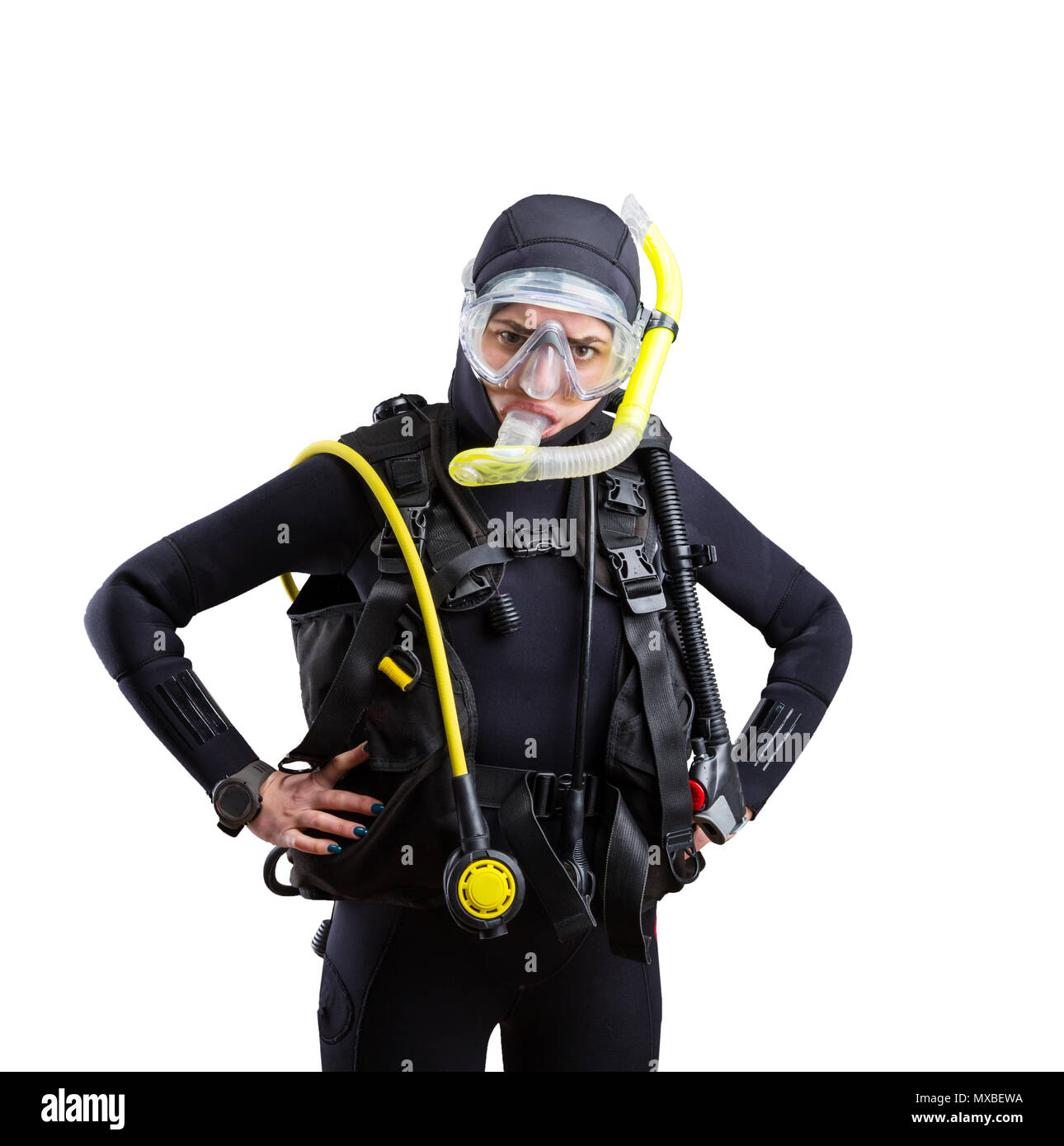 Taucher Im Neoprenanzug Und Tauchausrustung Auf Weissem Hintergrund Frogman In Maske Und Tauchen Unterwasser Sport Stockfotografie Alamy