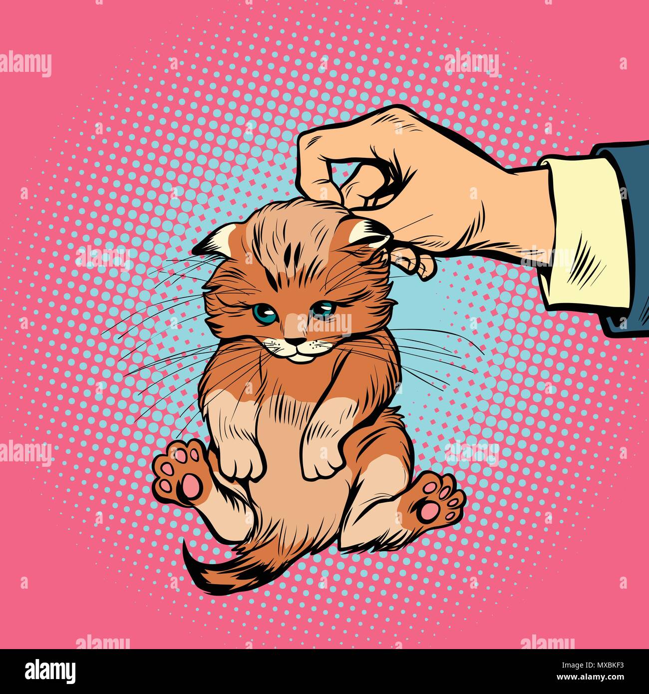 Hand Kätzchen hält durch das Genick. Comic cartoon Pop Art retro Abbildung Stock Vektor