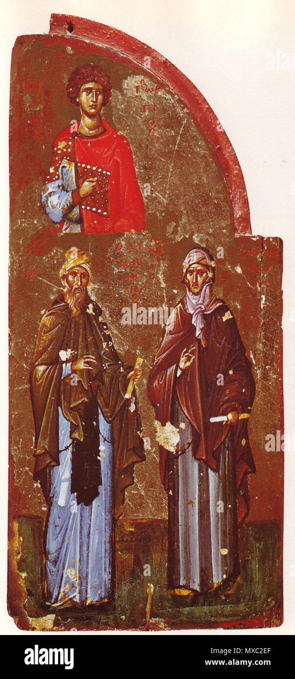 . Deutsch: Sankt Georg, Johannes von Damaskus und Ephräm der Syrer. Flügel eines Triptychons, möglicherweise aus Konstantinopel. Frühes 14. Jahrhundert. 21,4 x 9,5 cm Englisch: Drei Heiligen: George, Johannes von Damaskus, Ephräm der Syrer. Teil eines Triptychons, möglicherweise aus Konstantinopel. Anfang des 14. Jahrhunderts. 21,4 x 9,5 cm Français: Les Trois heiligen Georges, Jean Éphrem Damascène et le Syrien. Teil d'un triptyque, peut-être constantinoplois. Début du 14ième siècle. 21,4 x 9,5 cm. April 2008. Unbekannt 240 George John ephraim Triptychon fragment Sinai, 14. Jahrhundert Stockfoto