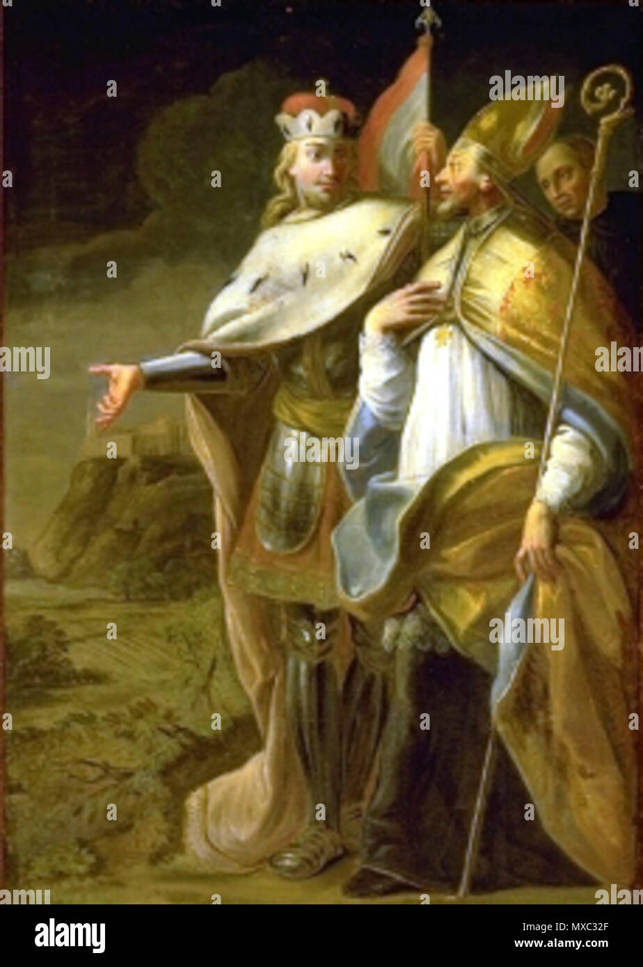 . English: Deckengemälde: Beihilfefällen des Stiftes Melk durch die Benediktiner (Kolomanisaal des Stiftes Melk). Der Ausschnitt zeigt Leopold II. von Österreich und Sigibold, Abt von Stift Melk;. 1744/45. Paul Troger (1698-1762), Gaetano Fanti (1687-1759) 368 Leopold II und Sigibold Stockfoto