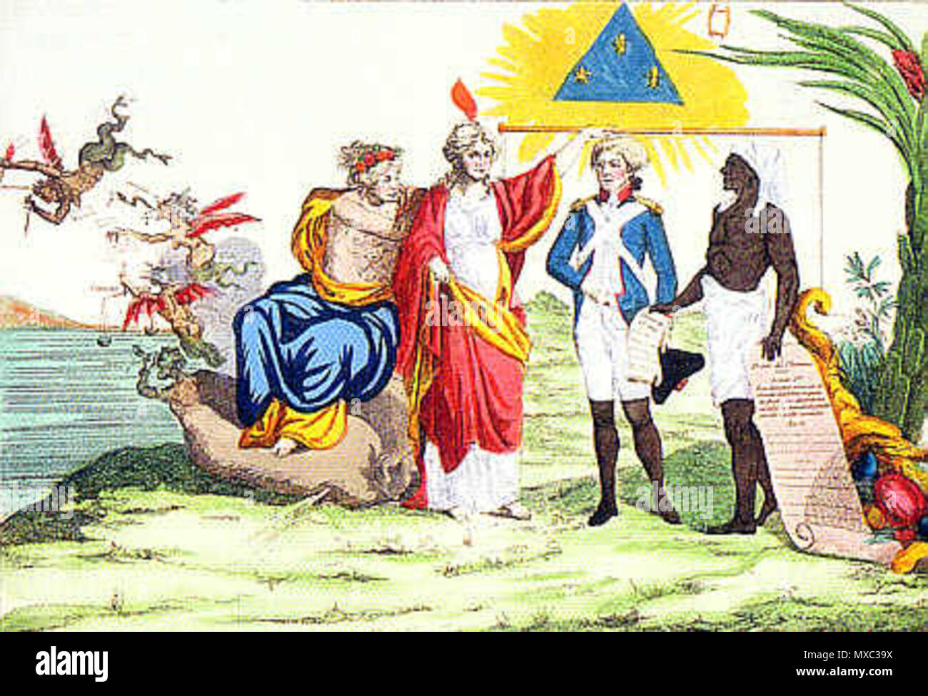 . English: Les Mortels sind égaux, kolorierter Kupferstich eines unbekannten Künstlers (1791) Sterben personifizierte Vernunft hält die Messlatte der Gleichkeit über einen Weißen und einen Farbigen; der Farbige hält Sterben von der Assemblée Constituante verabschiedete Erklärung der Menschen- und Bürgerrechte in der einen Hand und das Dekret vom 15. Mai 1791, mit dem die Bürgerrechte auch den Farbigen zuerkannt wurden, in der anderen; auf der on the left side Seite Sindh sterben auf der Flucht befindlichen Dämonen der Aristokratie der Ungerechtigkeit und des Egoismus zu sehen. . Unbekannt 369 Les Mortels sind egaux Stockfoto