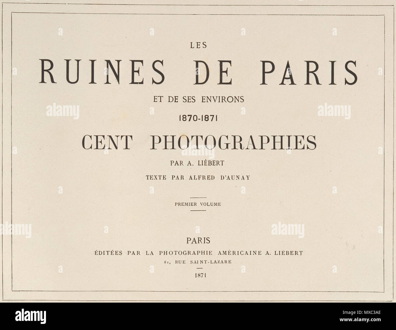 . Englisch: Les Ruinen de Paris et de ses Umgebung 1870-1871: Cent Fotografien: Premier Volume. Par A. Liébert, text Gleichheit Alfred d'Aunay. Autor: Alfred d'Aunay (Französisch) Datum: 1870-71 Medium: Eiweiß silber Drucke von glasnegative Abmessungen: Bilder ca.: 19 x 25 cm (7 1/2 x 9 13/16 in.), oder die umgekehrte Montage: 32,8 x 41,3 cm (12 15/16 x 16 1/4 in.), oder die umgekehrte Klassifizierung: Alben Kreditlinie: Joyce F. Menschel Fotografie Bibliothek Fund, 2007 Beitritt Artikelnummer: 2007.454.1.1-.33. 1870 - 71. Alphonse J. Liébert (Französisch, 1827-1913) 369 Les Ruinen de Paris et de ses Umgebung 1870-1871, Stockfoto